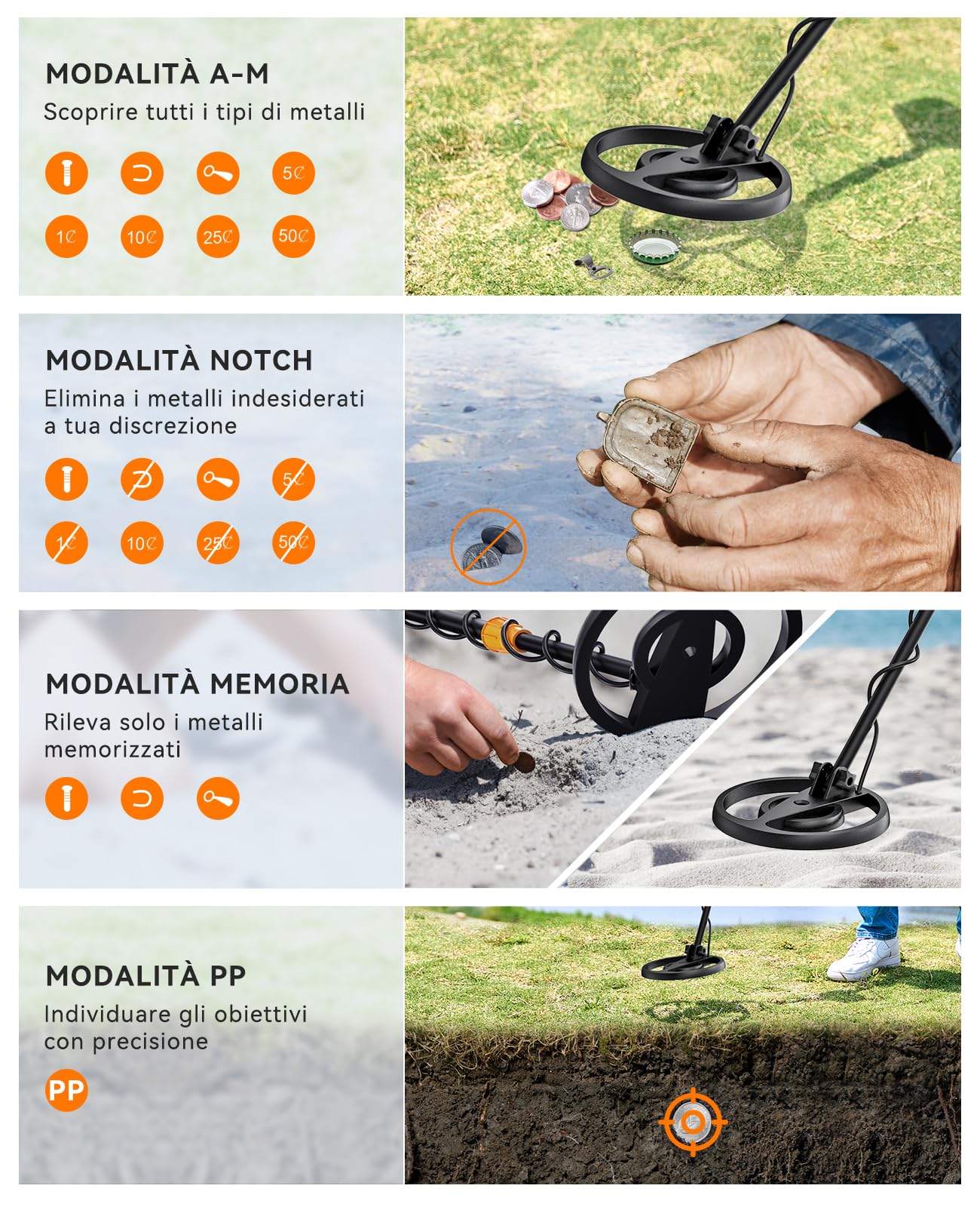 SUNPOW Metal Detector Professionale per Adulti e Bambini Metal Detector Kit Impermeabile per Oro con Display LCD Grande, 4 modalità, Bobina IP68 da 20 cm, Alta Precisione e Stabilità – MD13