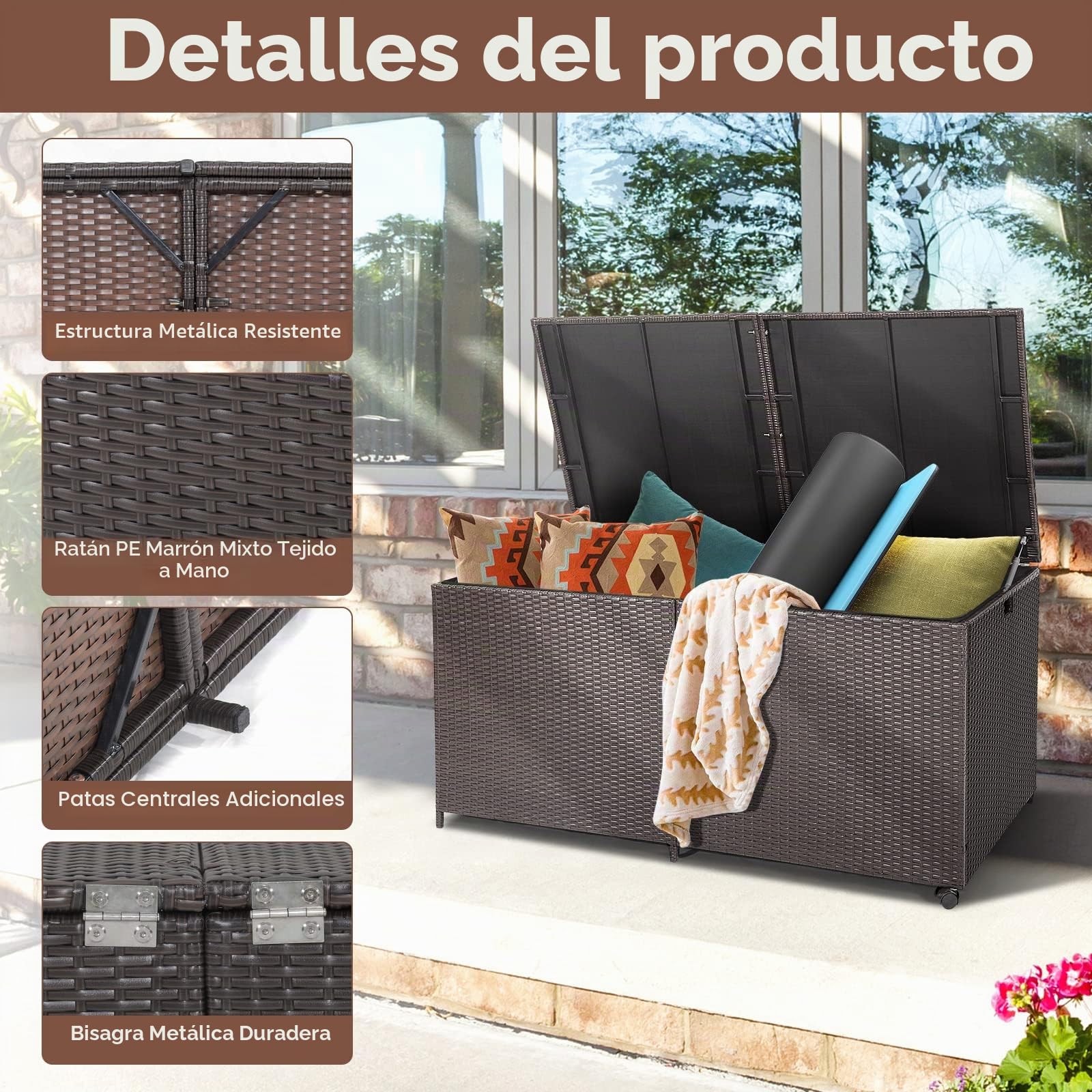 GIANTEX Baúl de Jardín de 662 L de Ratán con Tapa Impermeable | Arcón de Almacenaje con 2 Ruedas y Asa, Interior con Funda Impermeable, 150x77x73 cm, para Balcón Terraza