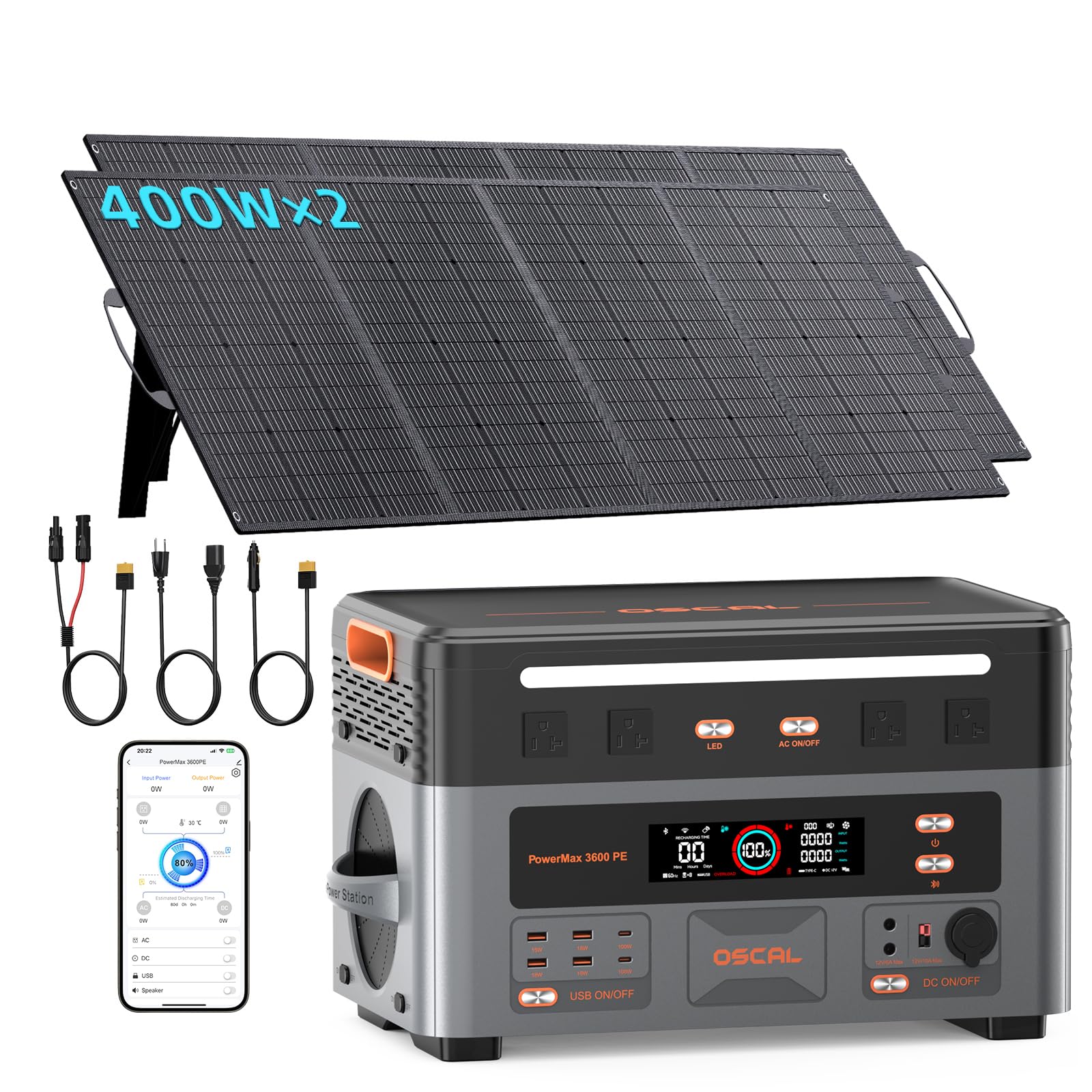 Powermax 3600W Centrale Elettrica Portatile(Picco 7200W) Con 2x400W Pannello, 2016Wh Solare Generatore LiFePO4 Batteria Controllo APP Portable Power Station per Campeggio Camper Casa