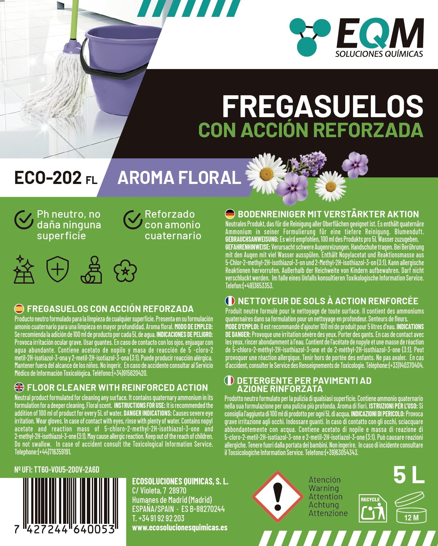 EQM ECO-202 Fregasuelos 5L Desengrasante Desodorizante
