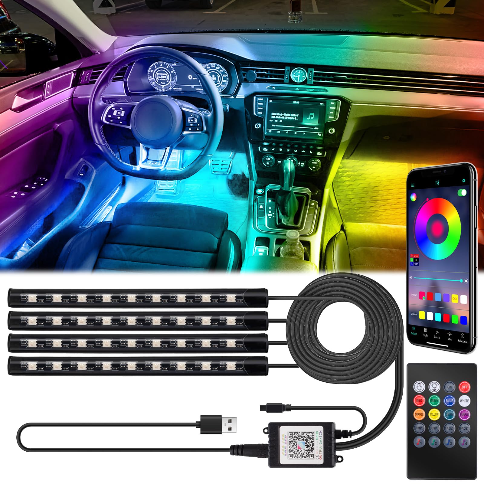 Car Interior Lights, 5V LED Strip Lights with USB Adapter, Ambient Car Lighting Kit, App & Remote Control Music Sync Color Change Strip Lights for SUVs & Trucks, Car Accessories for Women Men