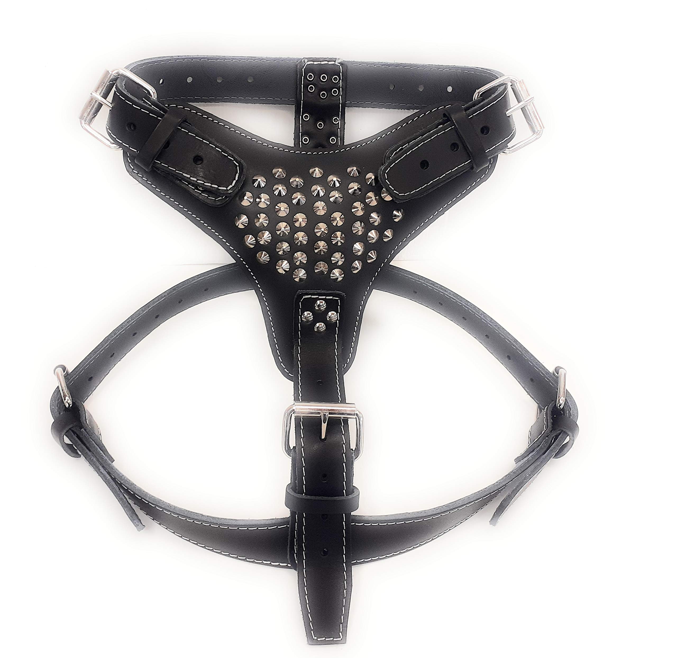 M&D Extra Large Heavy Duty Black Leather Dog Harness Studded Design Perfectly fits American Bulldog, Dogue de Bordeaux, Rottweiler, Cane Corso, American Bully and more…