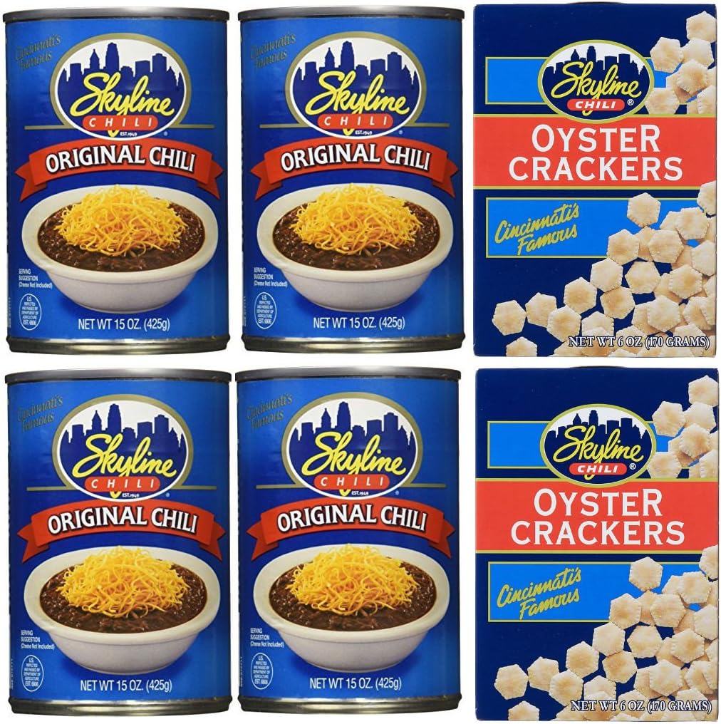 Skyline Chili Bundle (4) Cans of Original Chili 15 Ounce and (2) Boxes of Oyster Crackers 6 Ounce