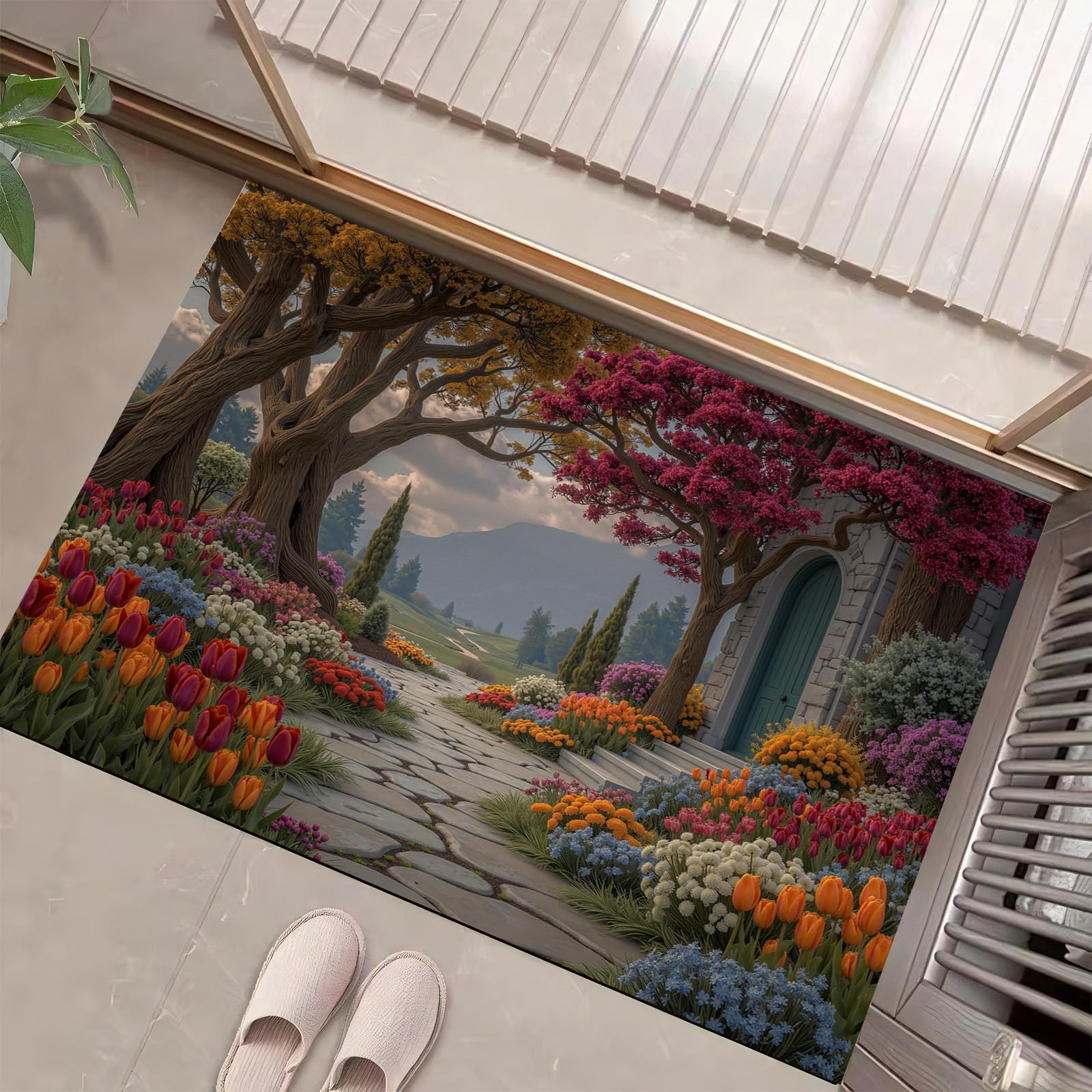 Paillasson d'intérieur antidérapant et lavable en machine 60x90 cm à motif floral