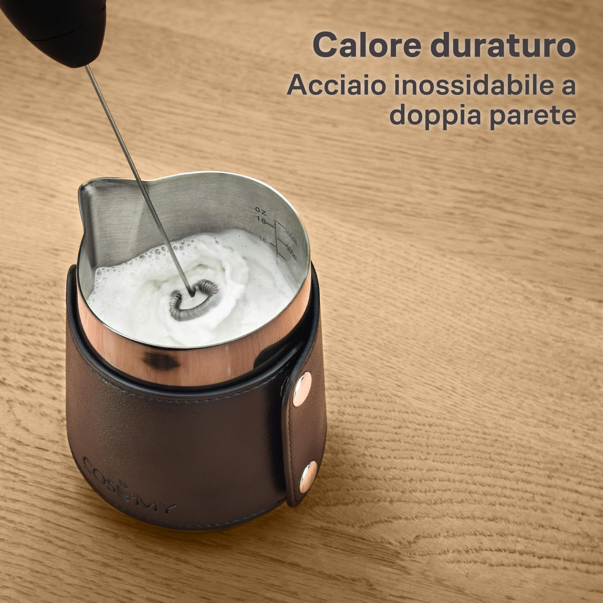 Cosumy Bricco Latte Professionale - Lattiera in Acciaio Inox 500ml - Bricchetto Latte con Segno di Misurazione - Senza Maniglie per il Latte Art