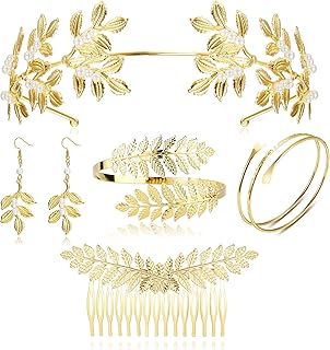 5Pcs Greek Goddess Costume Accessories Set for Women Golden Laurel Leaf Crown Headband Upper Arm Cuff Coil Bracelet Pearl Leaf Dangle Earring Bridal Wedding Headpiece Toga Costume Jewelry