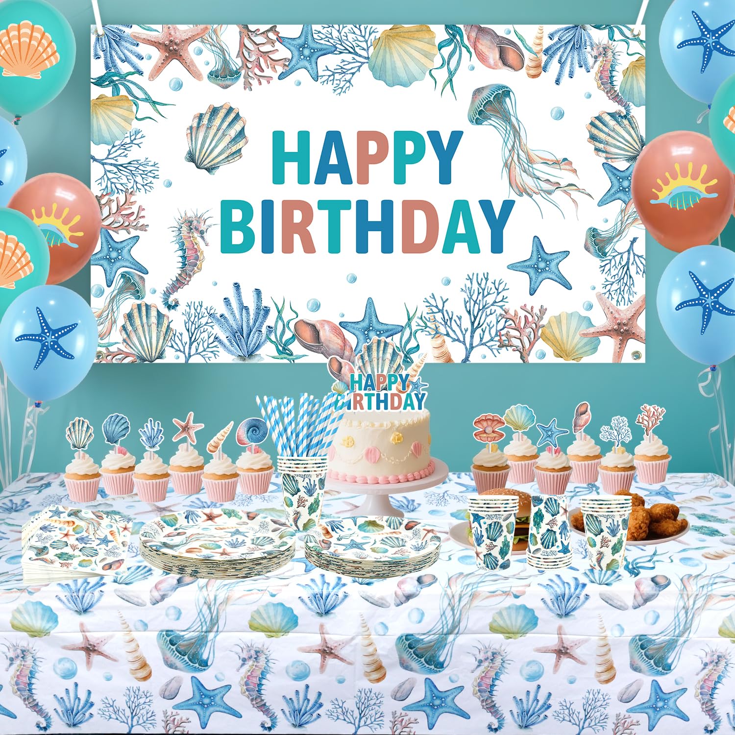 Decorazioni di compleanno a conchiglia – accessori per feste tra cui striscioni, piatti, decorazioni per torte, bicchieri, tovaglioli, palloncini, tovaglioli, tovaglioli, tovaglia – per 20