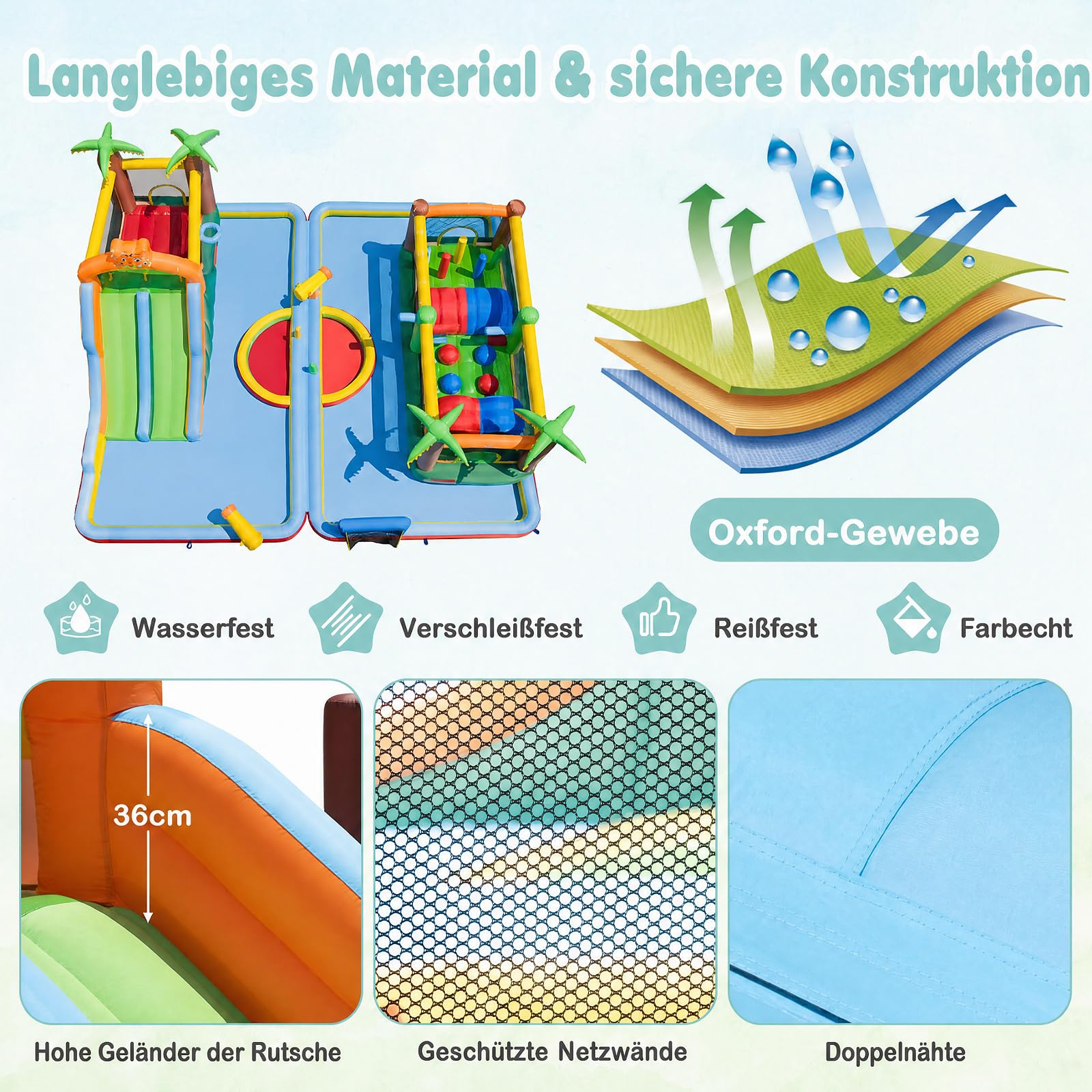 COSTWAY Hüpfburg XXL, Wasserpark, einzeln oder kombiniert verwenden | Bouncy Castle mit 2 Rutschen, Sprungbereich, Kletterwand, Ringwurfspiel, Planschbecken & 2 Wasserpistolen
