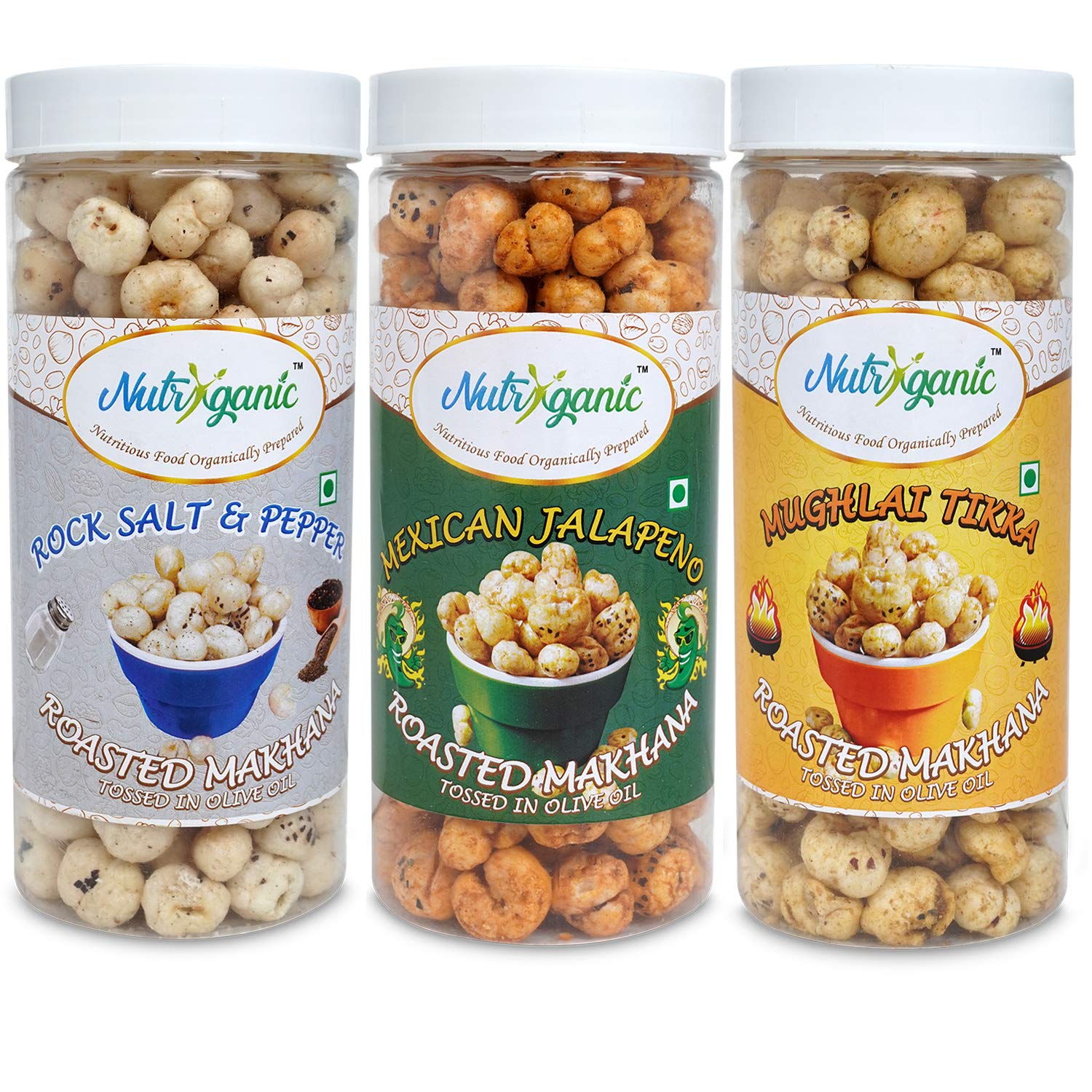 Nutryganic Roasted Makhana Rock Salt Pepper| Mexican Jalapeno| Mughlai Tikka Flavoured Foxnuts Pack of 3 (3 * 100g)