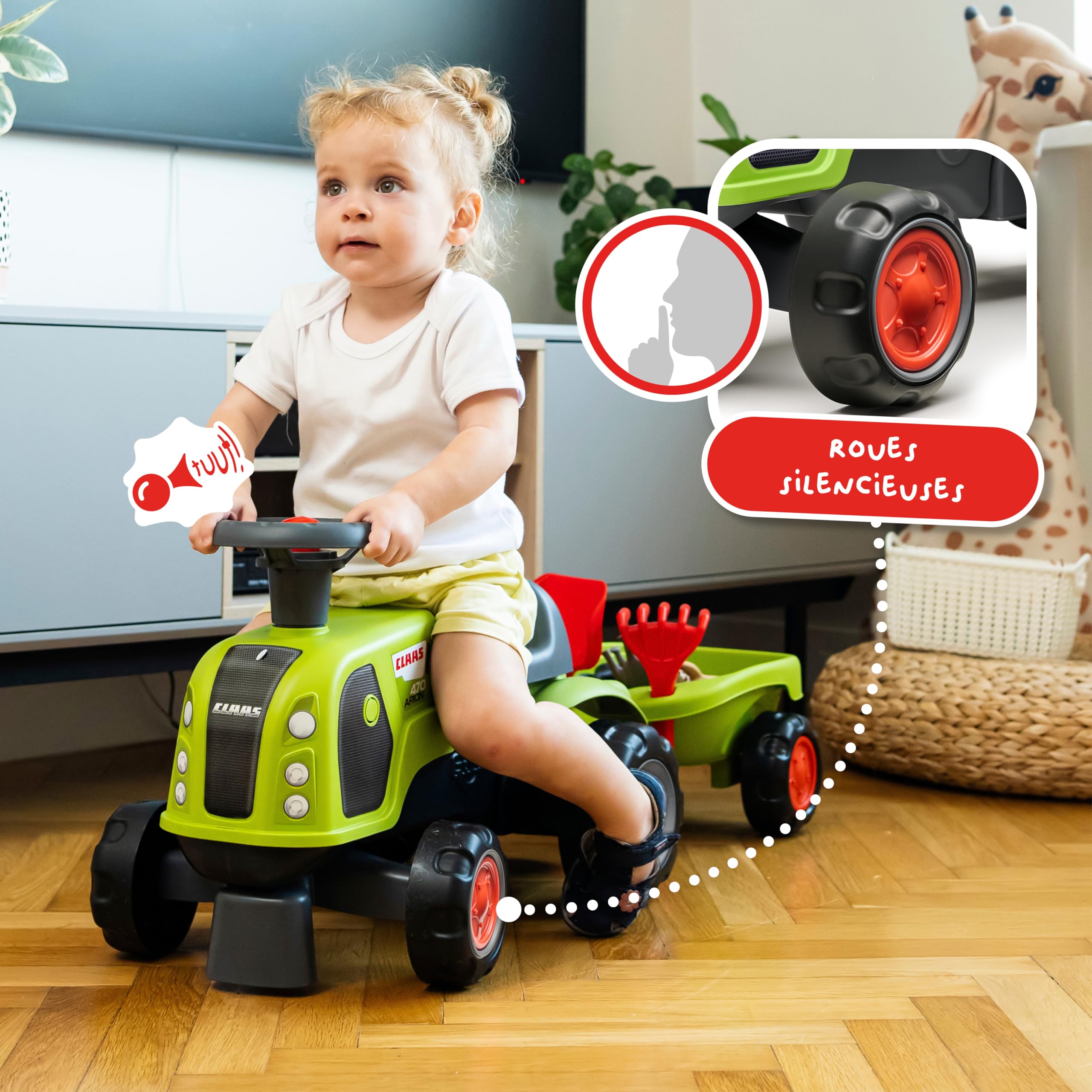 FALK Traktor Claas – Grün – leise Räder – Lenkrad mit Hupe – Anhänger mit Zubehör – 90% recycelter Kunststoff – 100 ab 12 Monaten – 312CS