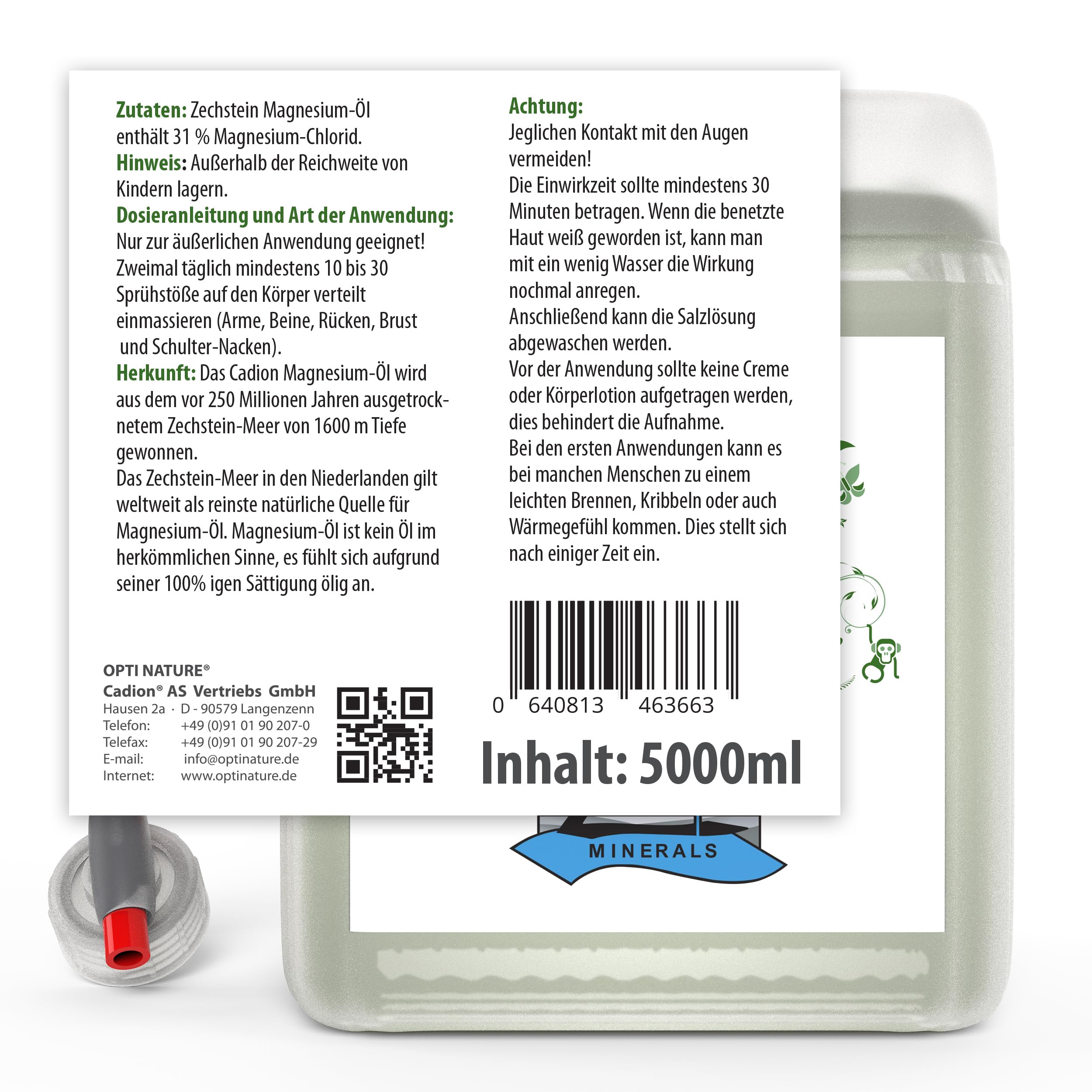 100% Magnesiumöl - Zechstein | hoch bioverfügbares Magnesium Öl | 100-(5000) ml + Abfüllhahn | Flüssig - Tropfen | Liqid für die Haut, & reine Natursole | OPTI NATURE
