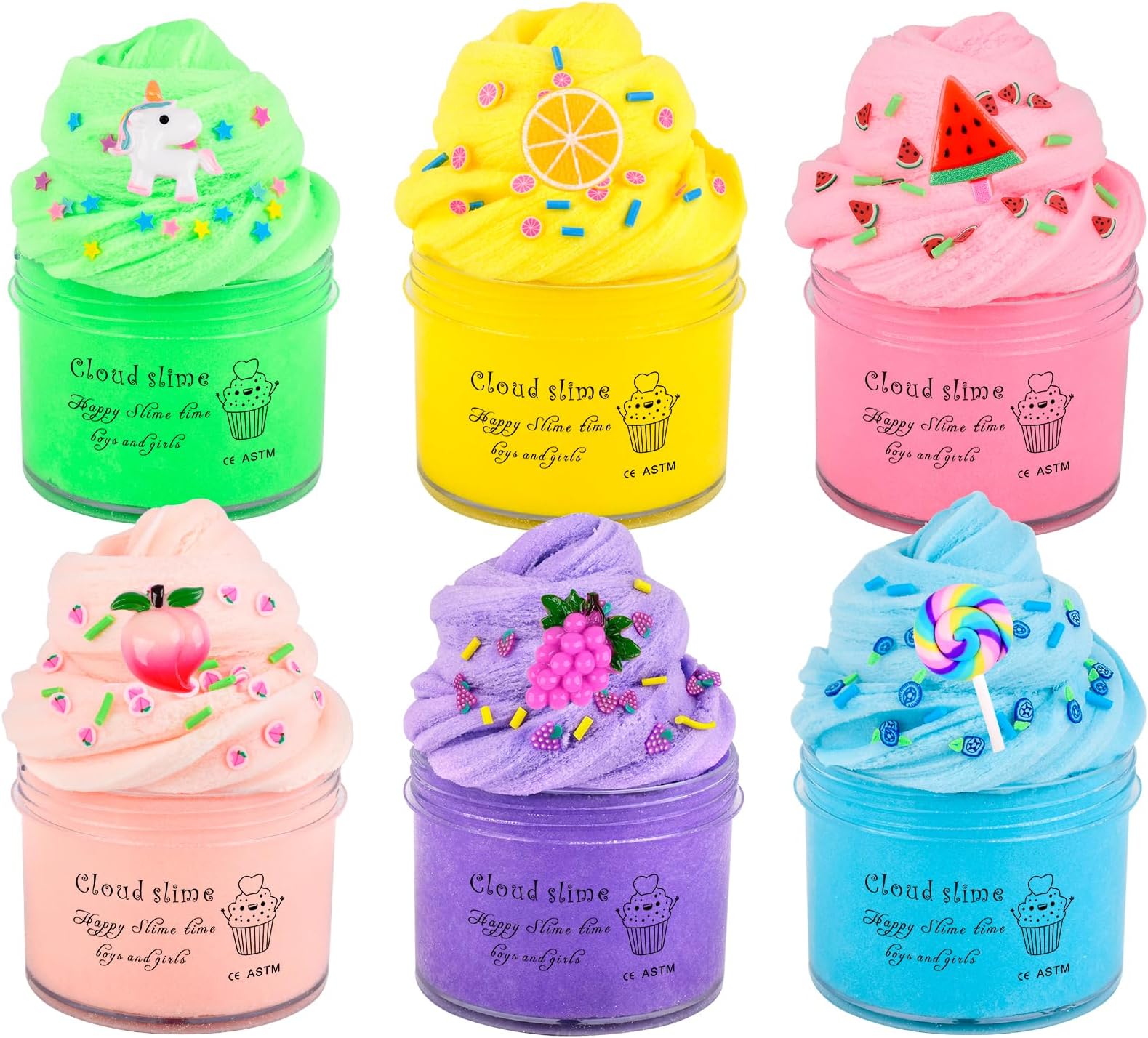6 Pack Cloud Slime Kit, Premium Scented Smooth Slime with Peach, Watermelon, Unicorn Fun Slime Add Ins, Super Soft Sludge Toy for Kids Girls Boys