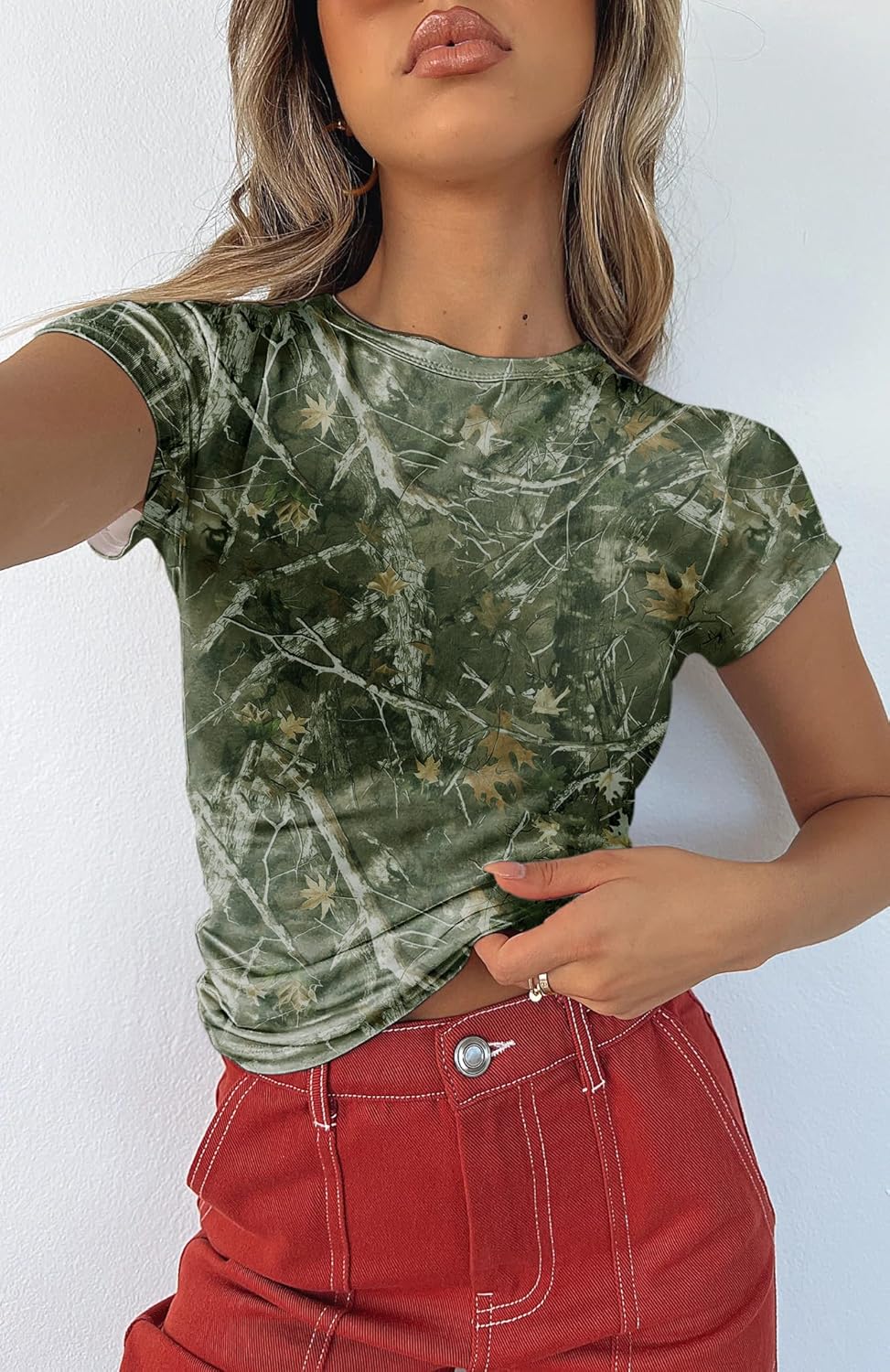 BAIGRAM Women Camo Shirt Short Sleeve Fitted Maple Leaf Print Crop Tops Cute Graphic Tees Vintage Y2K Going Out Summer - Image 3