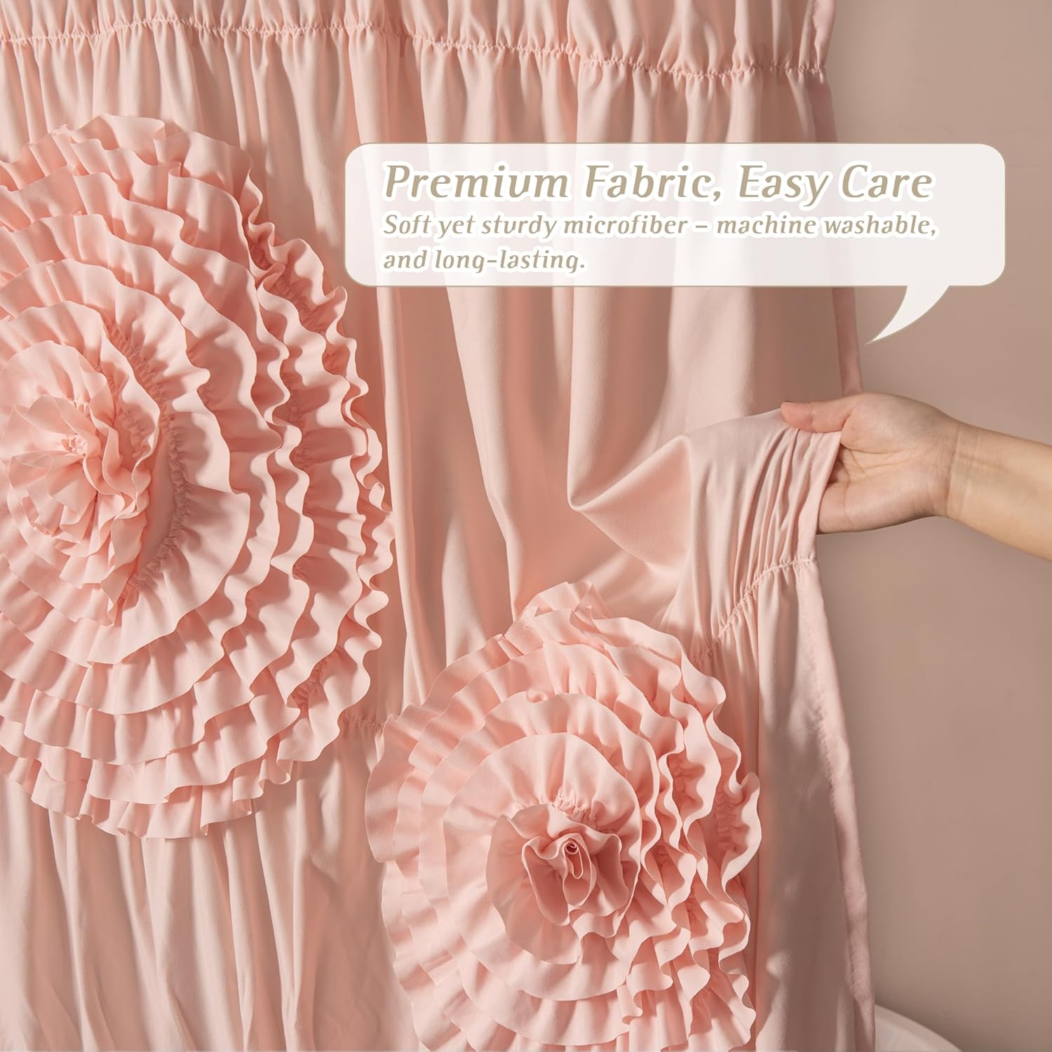 Farmhouse Ruffle Shower Curtain with Handmade 3D Flowers, Vintage Fabric Shower Curtains for Bathroom, Decorative Luxury Bathroom Curtain with 12 Holes, Peach Pink, 72" x 72" (LQ-41)