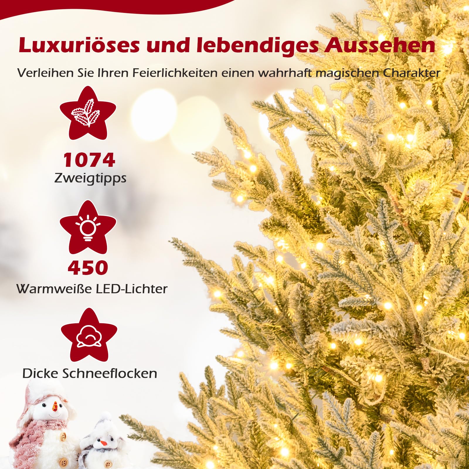 COSTWAY 210 cm Künstlicher Weihnachtsbaum mit Beleuchtung und Schnee, Tannenbaum mit warmweißen LED-Lichtern, 13 Modi, Timer, Einstellbarer Helligkeit, Christbaum, Kunstbaum Weihnachten für Zuhause