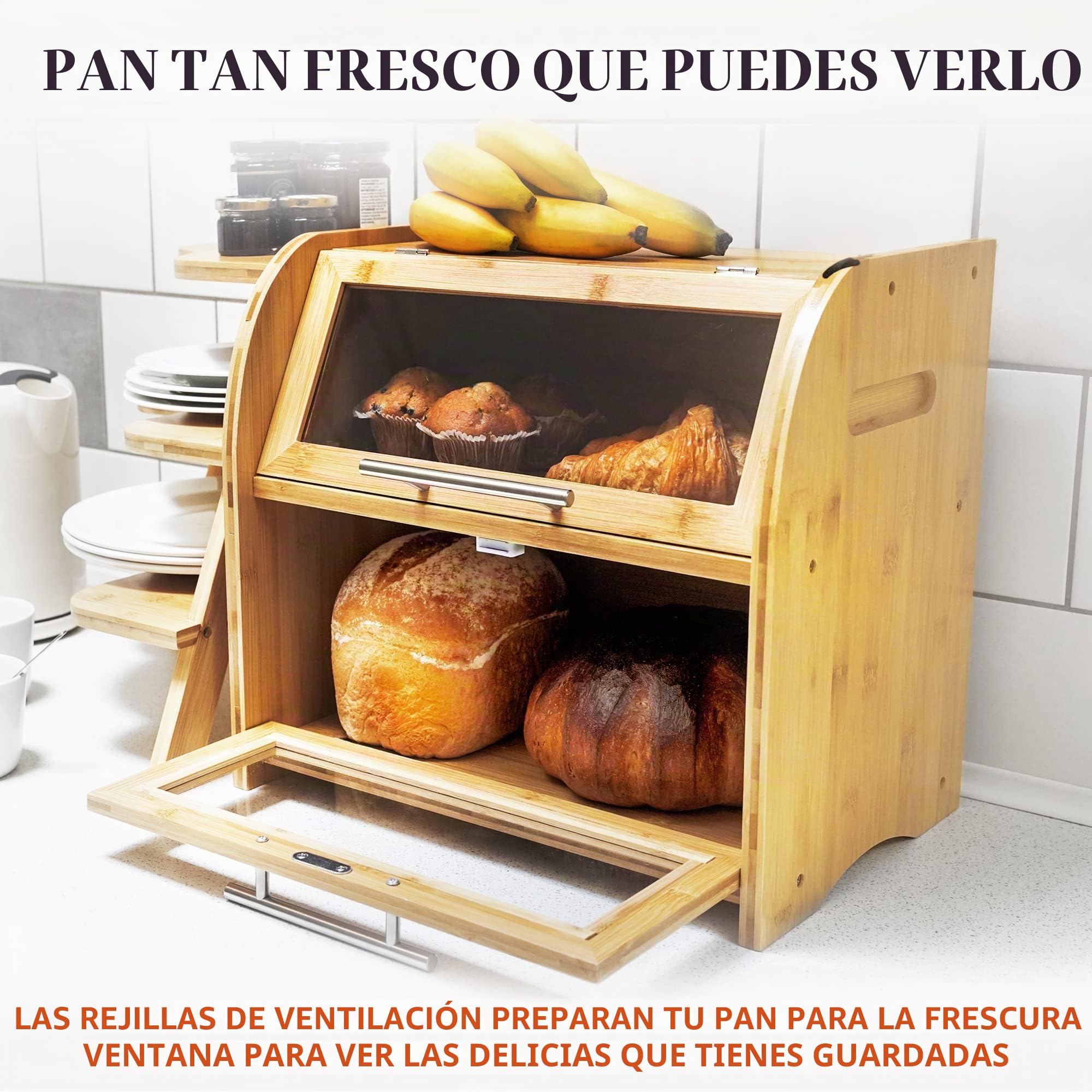 Apace Living Arise Panera de Para Encimera de Cocina, Extra Grande de 2 Estantes Con Ventanas Transparentes Y Rejillas de Ventilación - Conserva Pan, Panecillos, Bollería 40 x 26 x 37, Fácil Montaje