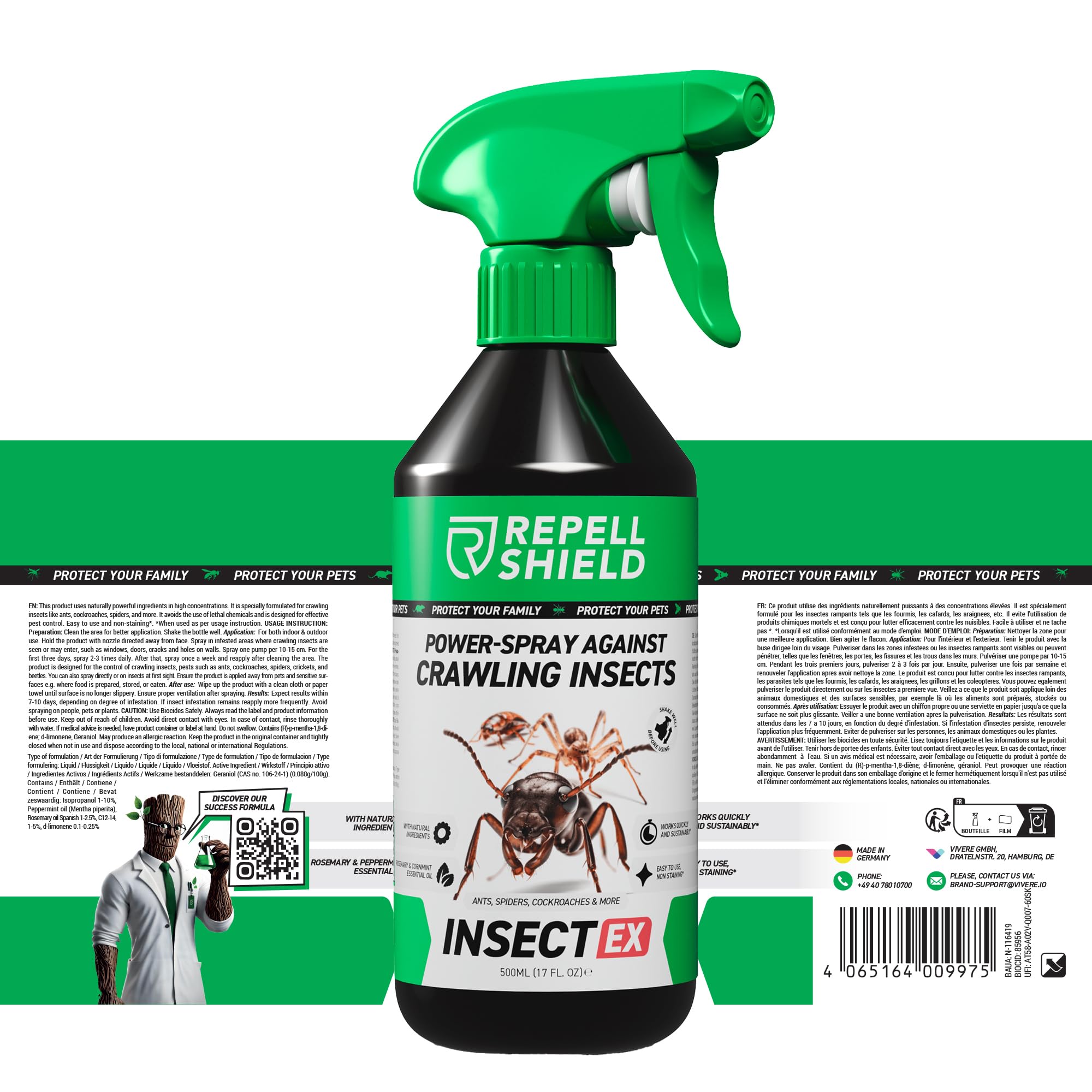 RepellShield® Barrage aux Insectes Rampants -0,5L- Prêt à l'Emploi - Non Tachant, Parfum Naturel Botanique - Usage Intérieur & Extérieur - Barrière à Insectes Multi-Usage aux Huiles Essentielles