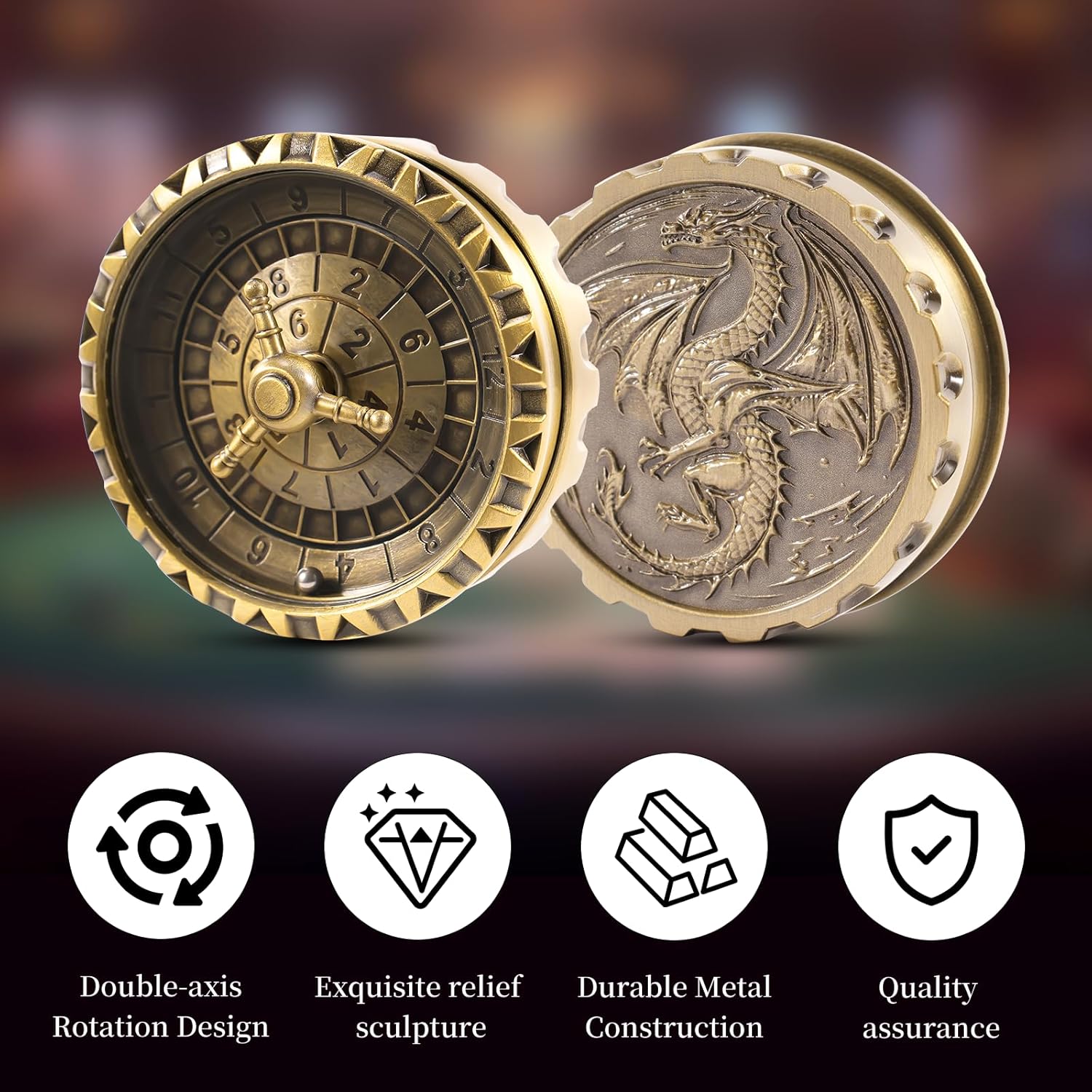 Froggod Roulette Dice Spinner – 1pc Metal DND Spinner with 3D Relief | Mechanical DND Dice with Gorgeous Gift Box for Rolling Game(D12 Ancient Gold)