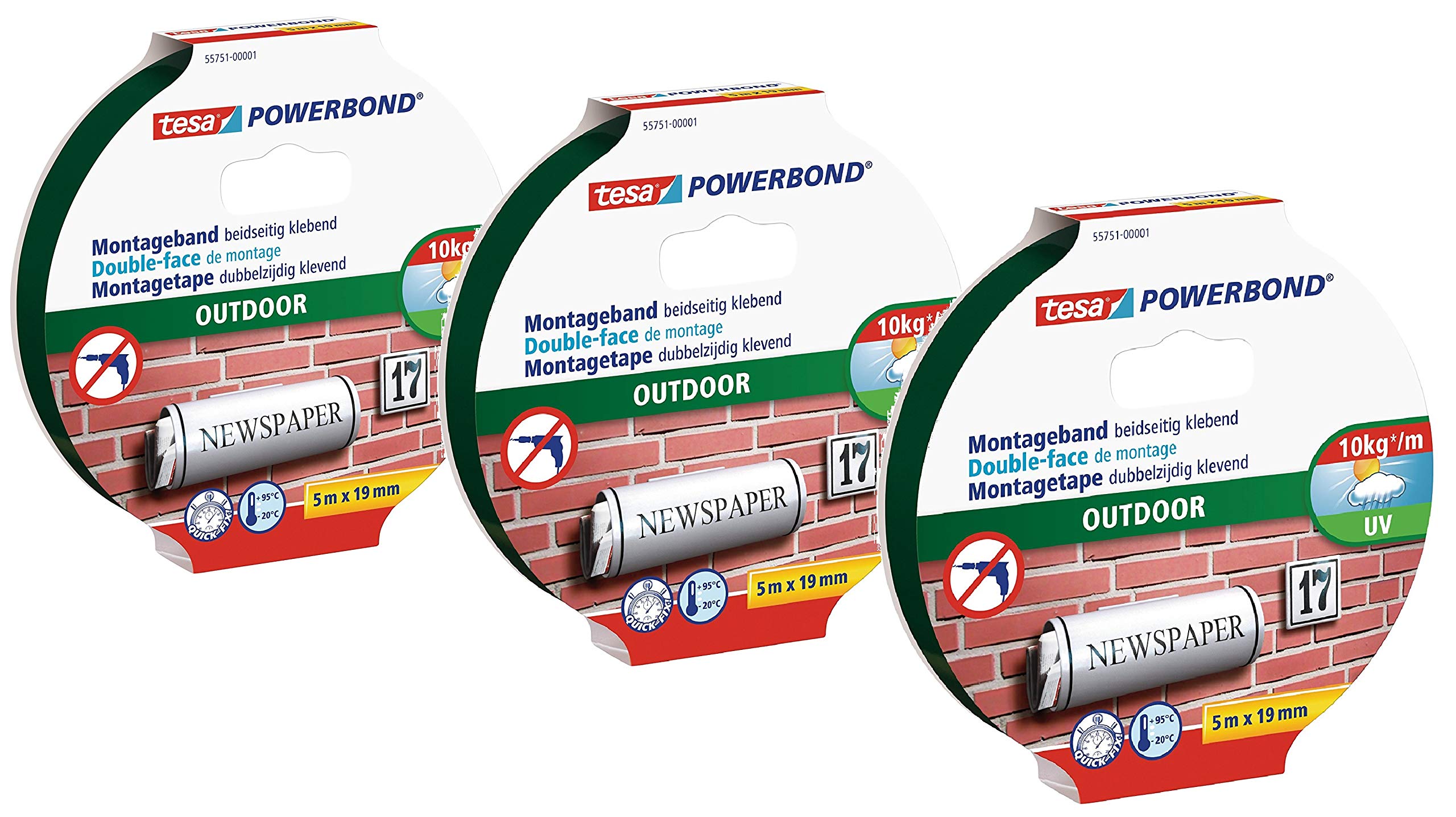 tesa doppelseitiges Montageband Powerbond für Außen, 3x 5m (5m:19mm)