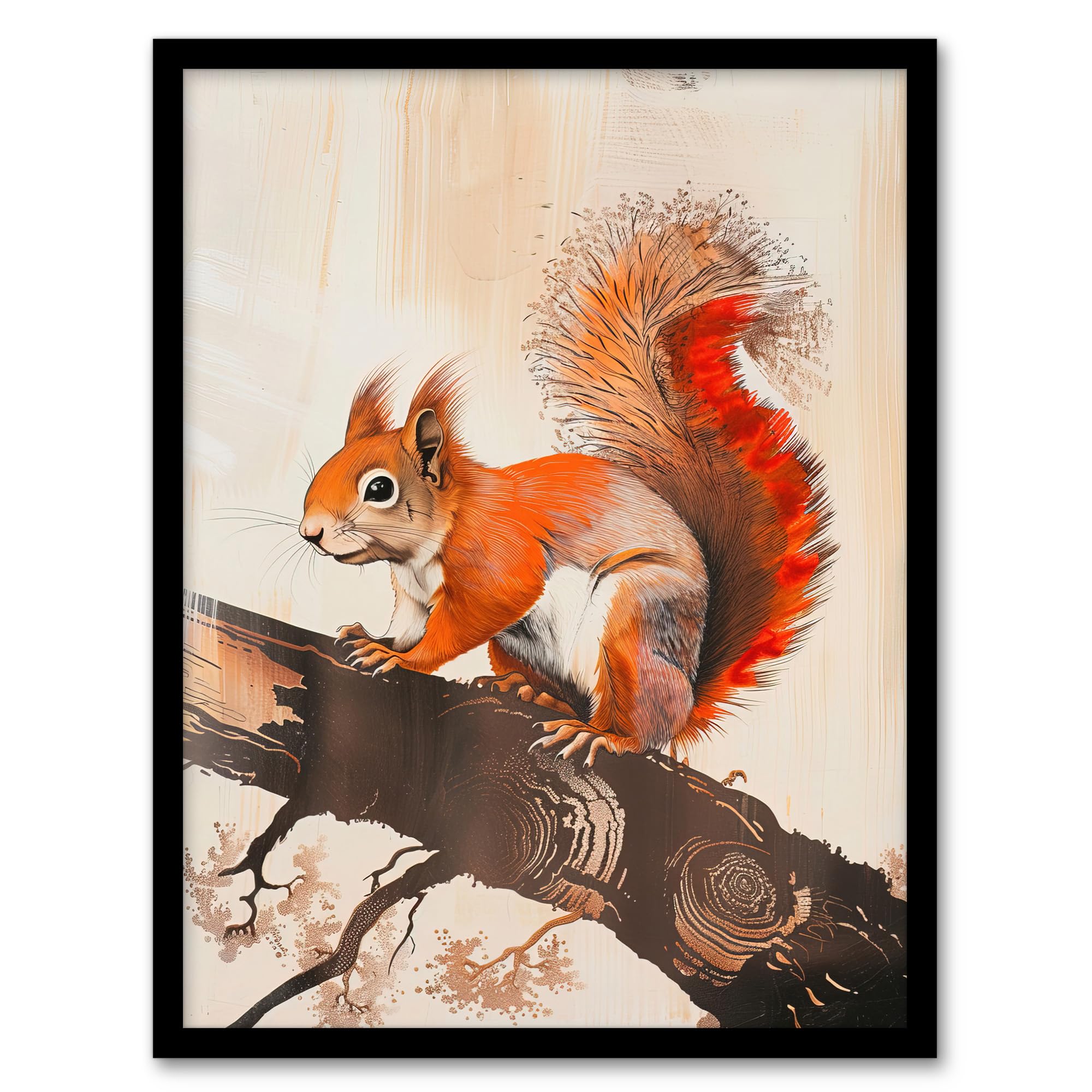 Artery8 Red Squirrel on Tree Branch Painting Drawing Living Room Artwork Framed Wall Art Print 18X24 Inch