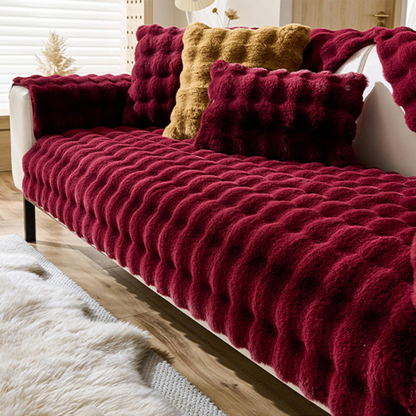 Sofa Cover 3/2/4/1 Seater Corner Sofa Cover, Sofa Cover with Peninsula Anti-Scratch for Cats, Non-Slip Sofa Cover, Plush Sofa Cover, Wine Red 70 * 70 cm