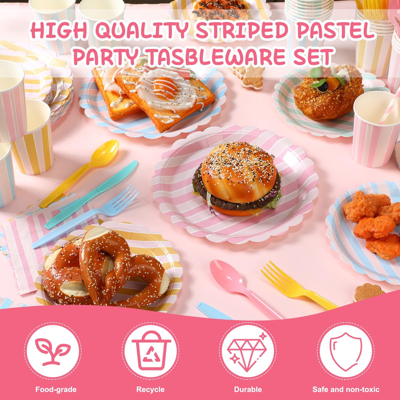 Potchen Juego de 220 platos de rayas pastel para 24 invitados, suministros de decoración de fiesta | Servilletas de papel desechables de 7 y 9 pulgadas con popotes para vajilla, cumpleaños, boda, baby shower, primavera, picnic