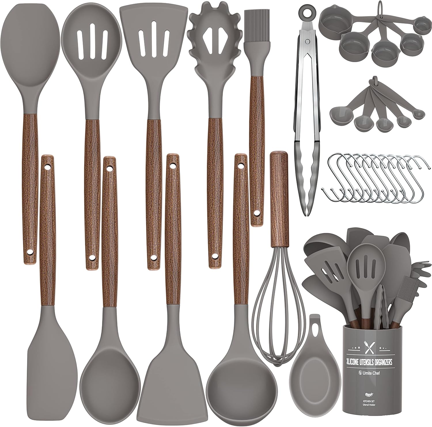 33 Pcs Silicone Kitchen Utensils Set, Kitchen Cooking Utensils Set with Black Natural Walnut Hard Wood Handle, Silicone Utensils Set with Holder, Heat Resistant, BPA Free, Non Toxic - Grey