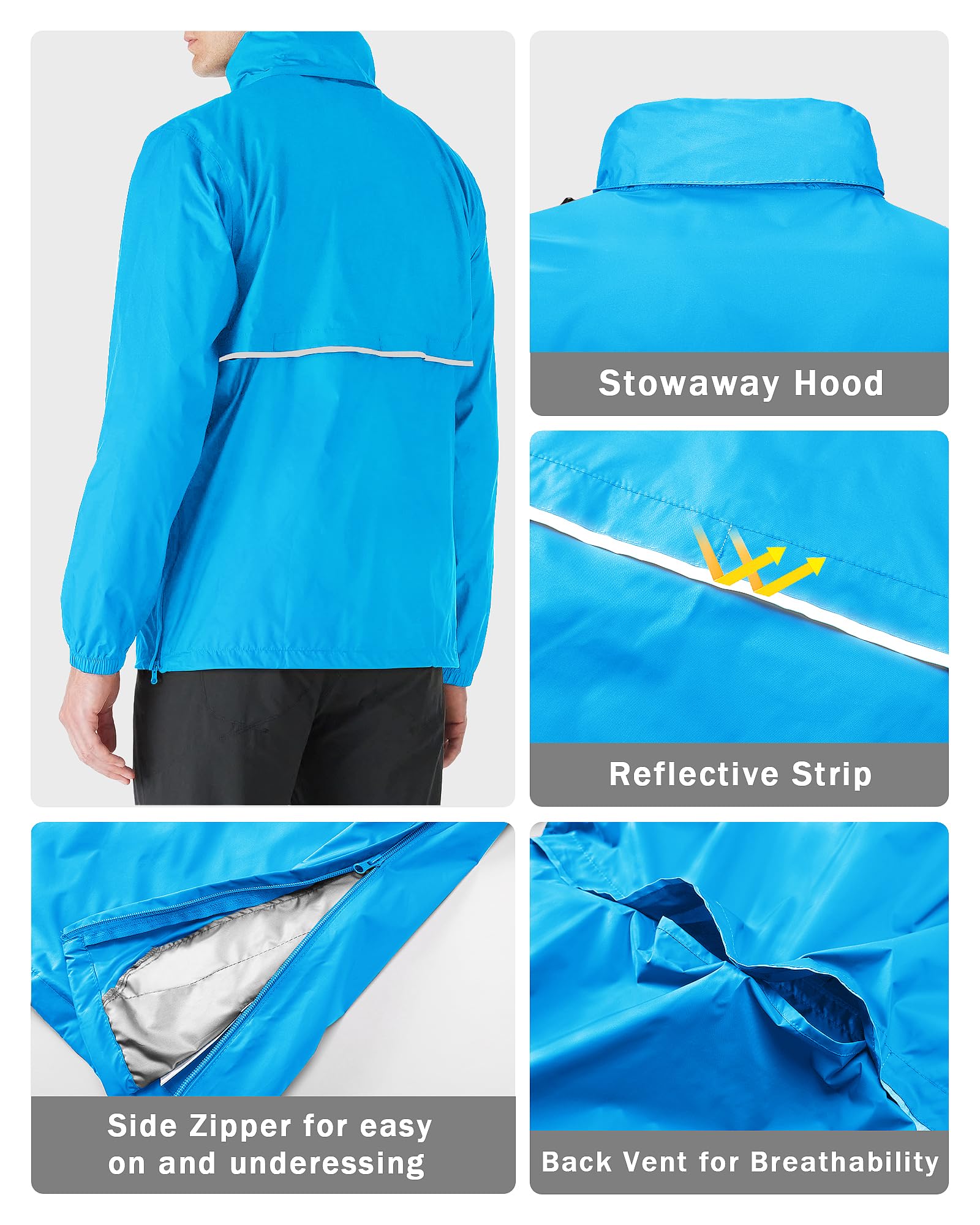 33,000ft Herren Regenjacke Leichter Wasserdichter Packbarer Pullover mit Kapuze und Reflektor für Fahrrad Wandern Outdoor