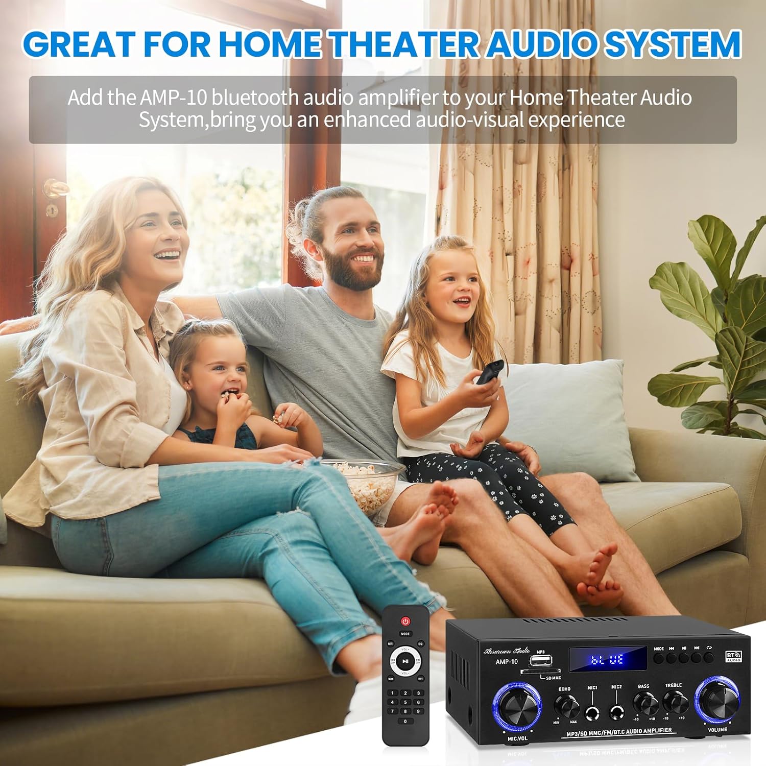 AMP-10 Bluetooth Amplifiers RMS 50WX2 Stereo Audio Amp Receivers for Home Speaker 2.0 Channel Max 600W Output Mini Power Amplifier w/FM Radio, Echo, MIC, USB, SD Input for Home,Car Audio