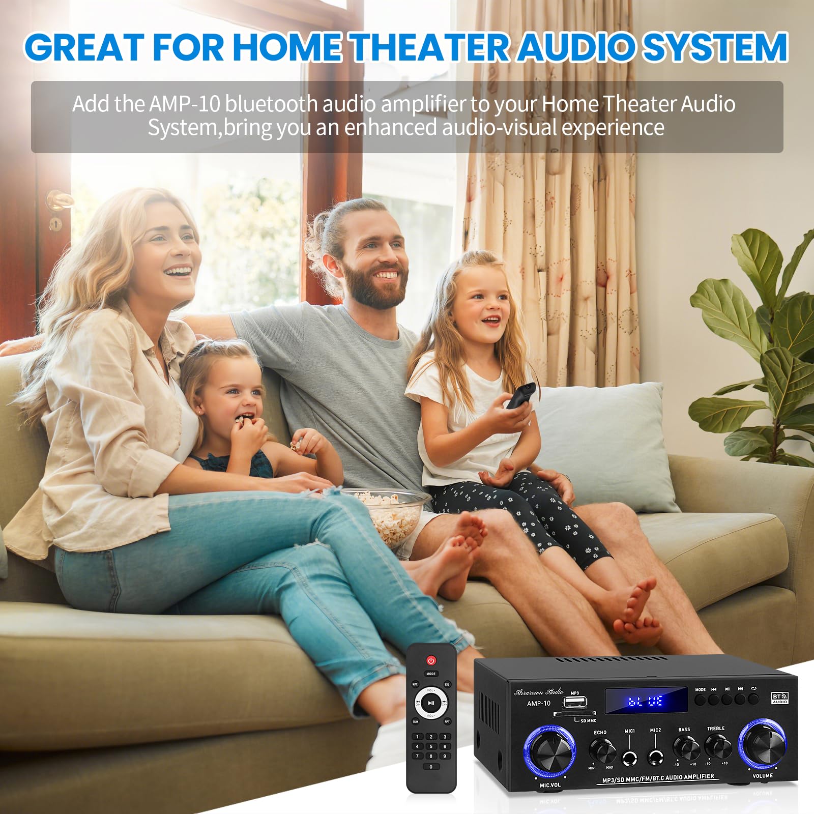AMP-10 Bluetooth Amplifier RMS 50WX2 Home Stereo Audio Amplifier 2.0K Max 600W Output Mini Power Amplifier with FM Radio Echo Microphone USB SD Input for Home - 3