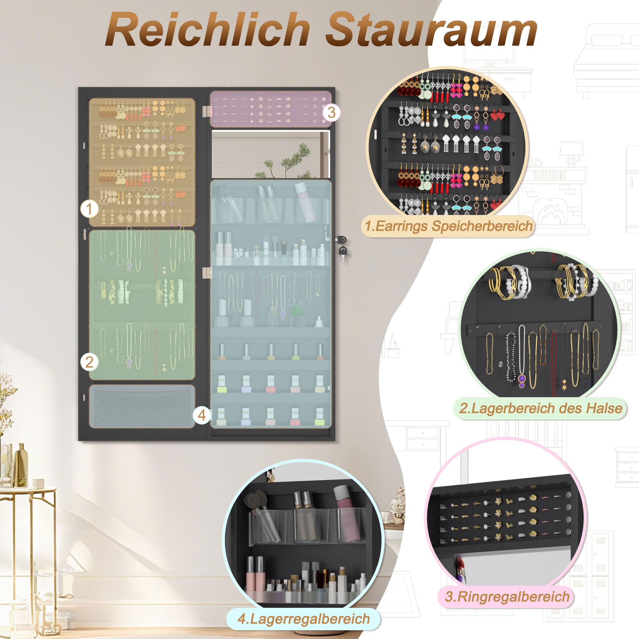 LZQ Schmuckschrank mit Spiegel Hängend Spiegelschrank Abschließbar Wandschmuckschrank 2-in-1 Schmuckaufbewahrung Türspiegel Wandspiegel Schmuck-Organizer, 107,5 x 36,5 x 9,5 cm, Schwarz