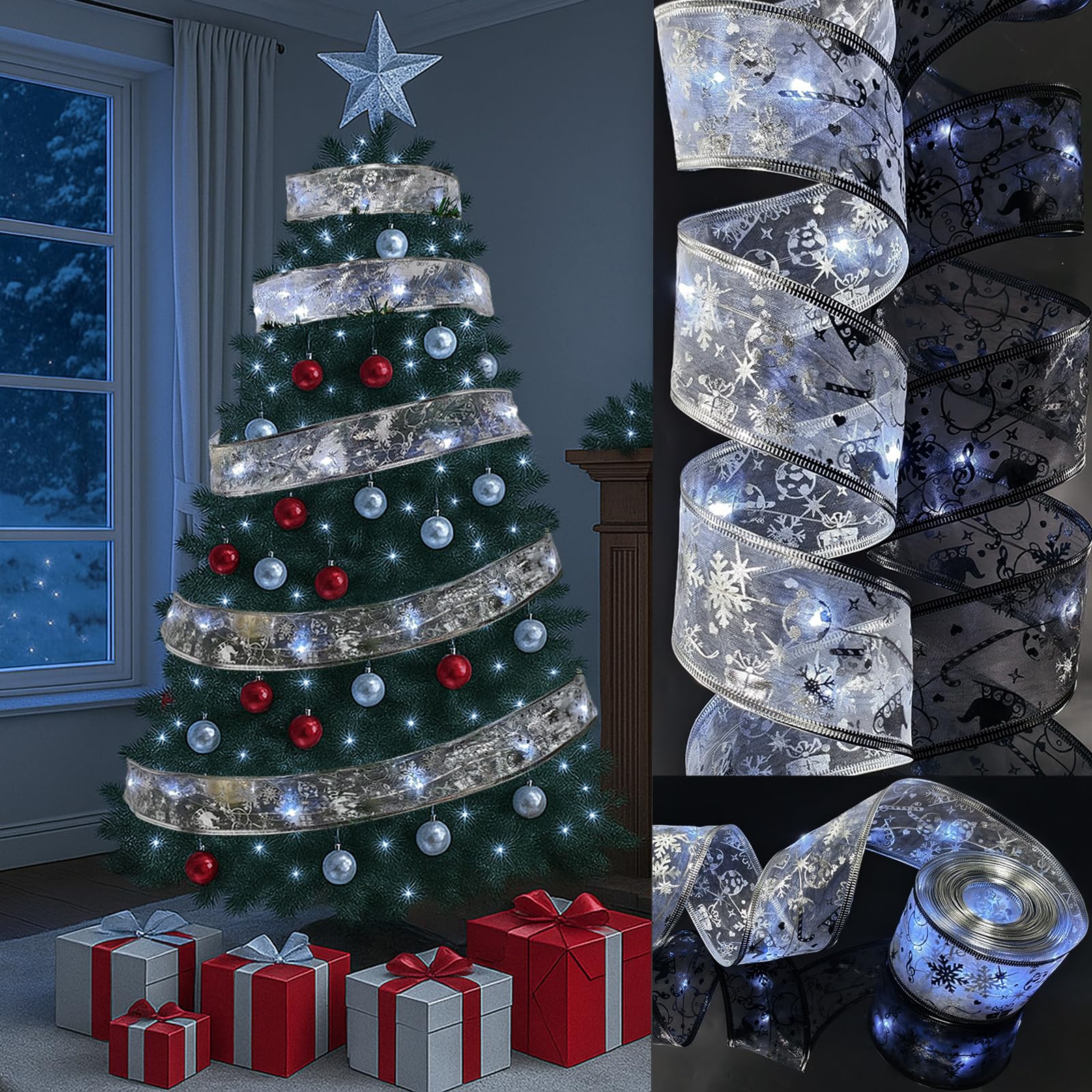 AMLOOPH Christmas Tree Lights, Silver 6m Christmas Tree Ribbon String Fairy Lights for Tree Christmas Decorations, Battery Cool White 60 LED Ribbon Christmas Lights Indoor for Xmas Tree Decorations