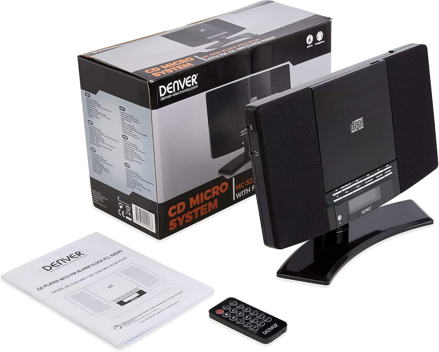 Contents of the Denver MC-5220 MK2 box including the system, stand, remote, and manual.