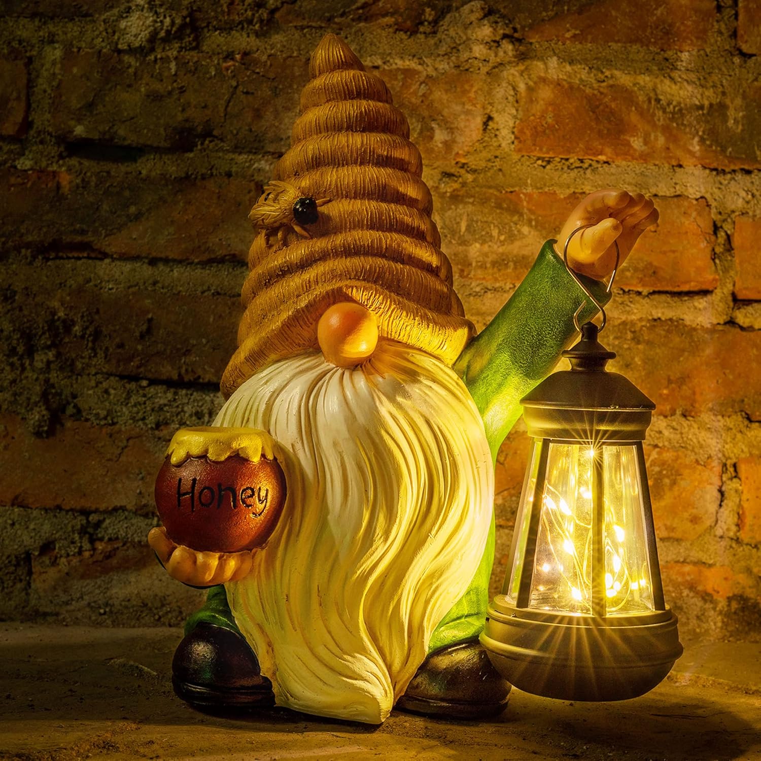 12.3''Solar Garden Gnome Outdoor Decor Honey Bee jar Gnome Statue with LED Lantern Fall Patio Lawn Yard Art Decoration Halloween Birthday Christmas Gardening Gift for Mom Dad, Bee Gnome