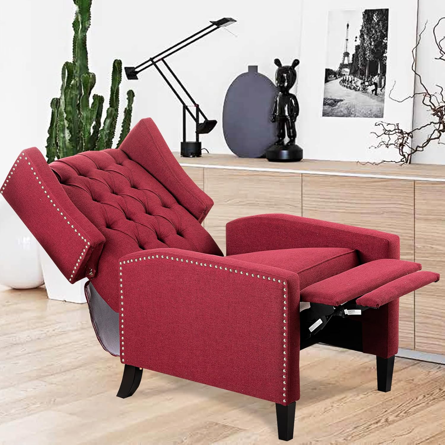 Recliner Chair for Adults Red Fabric Accent Chairs Living Room Mid-Century Modern Recliner Button Tufted Club Chair Upholstered Vintage Reclining Reading Arm Chair 27" Wide