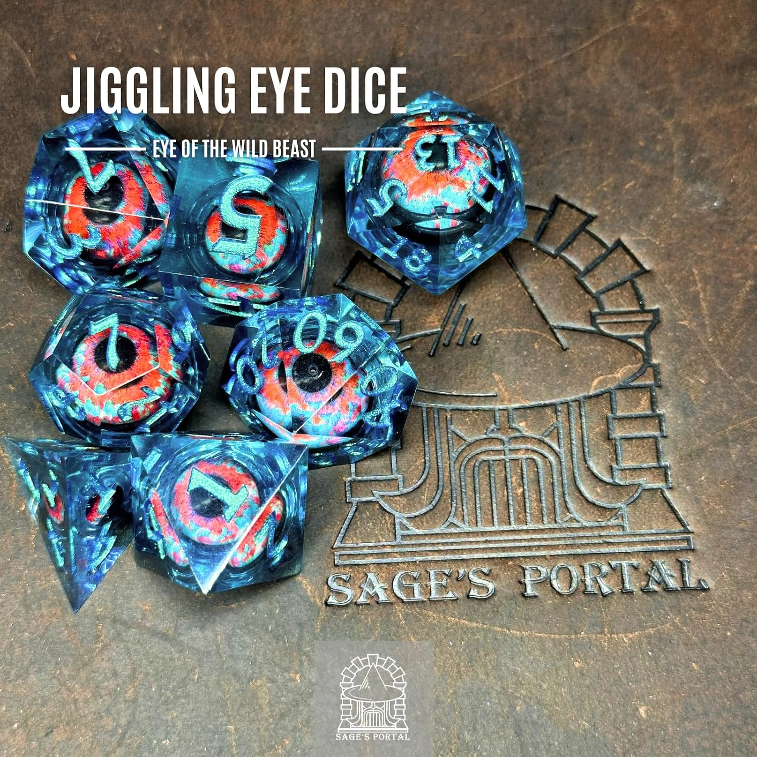 Sage's Portal Jiggling Eye Liquid Core 7-PC Sharp Edge Resin Polyhedral DND Dice Set for Dungeons and Dragons Pathfinder TTRPG (Eye of The Wild Beast)