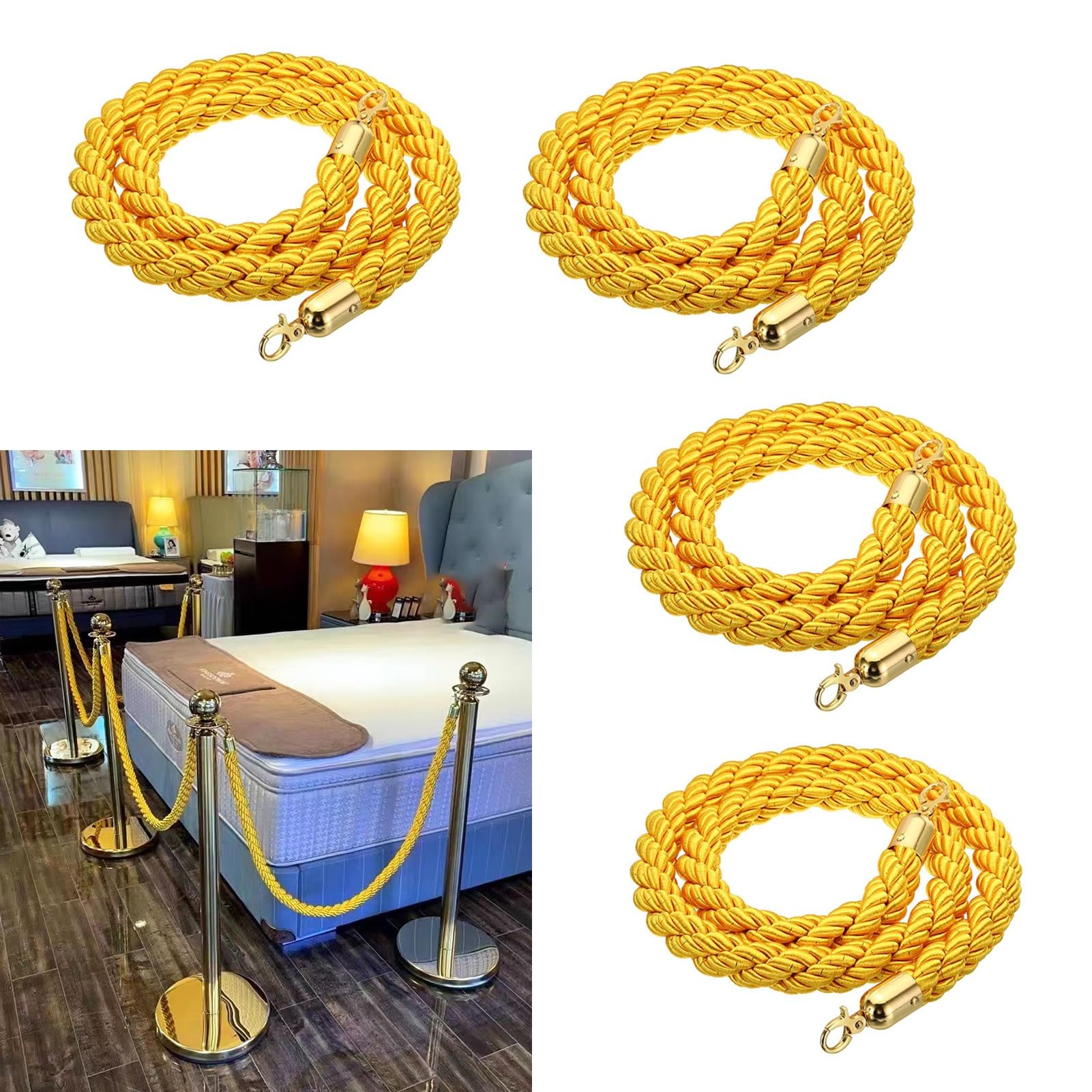 ZBBGTJK 4-Pack Yellow Hemp Crowd Control Ropes 1.5m Polished Hook Ber Rope for Cinema Events Safety Queue Lines Stanchion Ropes d Hook Design
