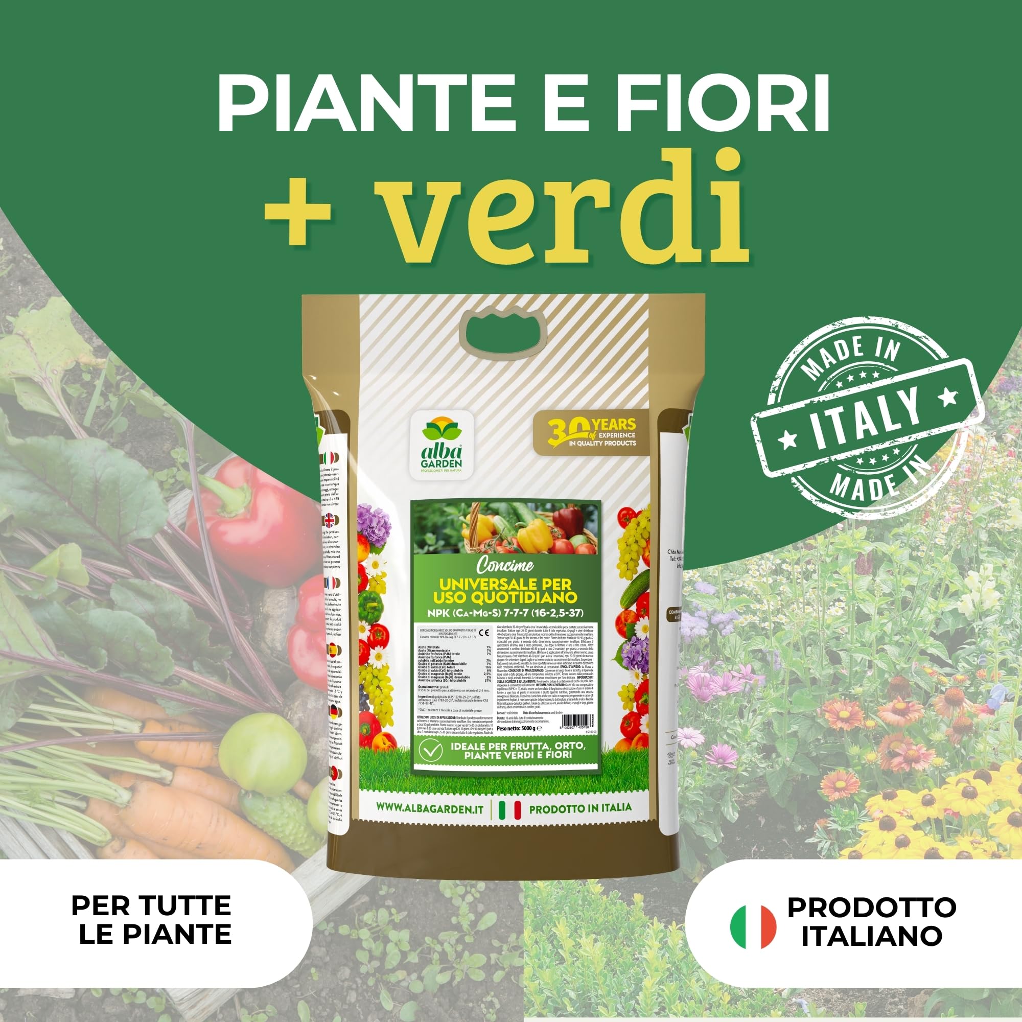 Albagarden - Concime Piante Universale Granulare - MAXI 5 KG - Fertilizzante Con L'aggiunta Di Calcio E Magnesio Per Giardino, Orto e tutti tipi di Piante