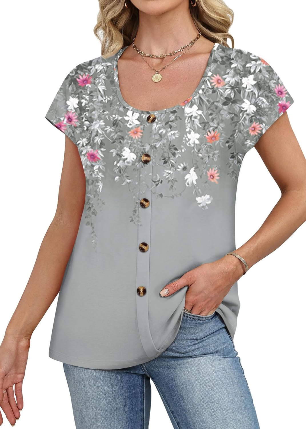 WIHOLL Womens Summer Tops Cap Short Sleeve Shirts Button Down Blouses U Neck T Shirts Fashion Clothing - Image 3