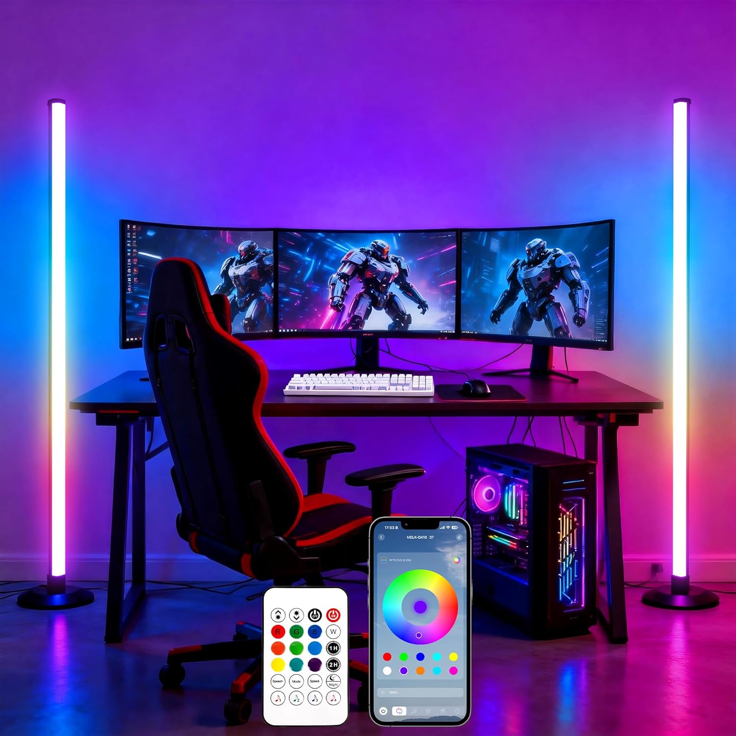 Flupuro 2 Pack ICRGB Corner Floor Lamp, Smart LED Floor Lamps with App & Remote Control, Music Sync, 16 Million Colors, Auto Timer, Modern Ambient Standing Light for Gaming Room, Living Room, Bedroom