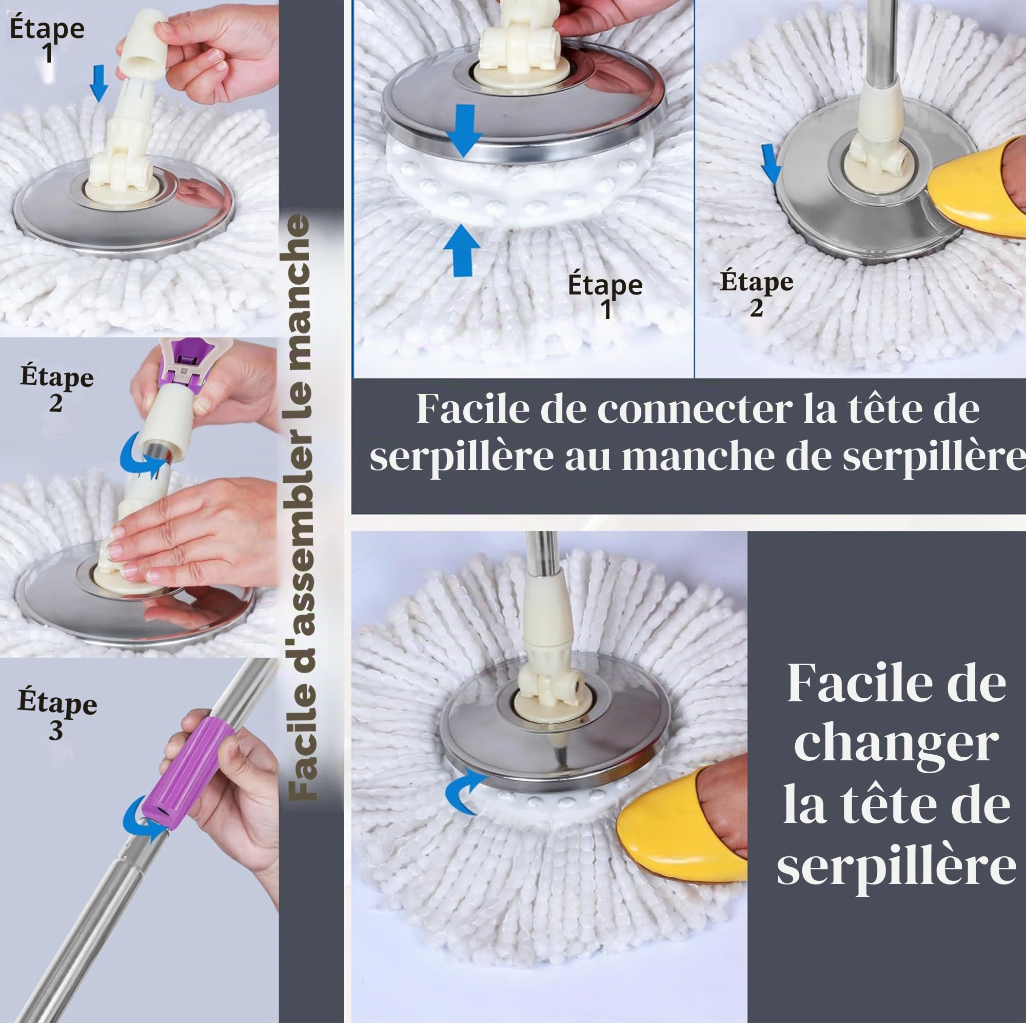 ARSUK Balai Rotatif 360° – Balai serpillère Ajustable, Manche Acier Inoxydable Extensible 127 cm – 2 Têtes Microfibre Remplaçables – Nettoyage Efficace sans Effort