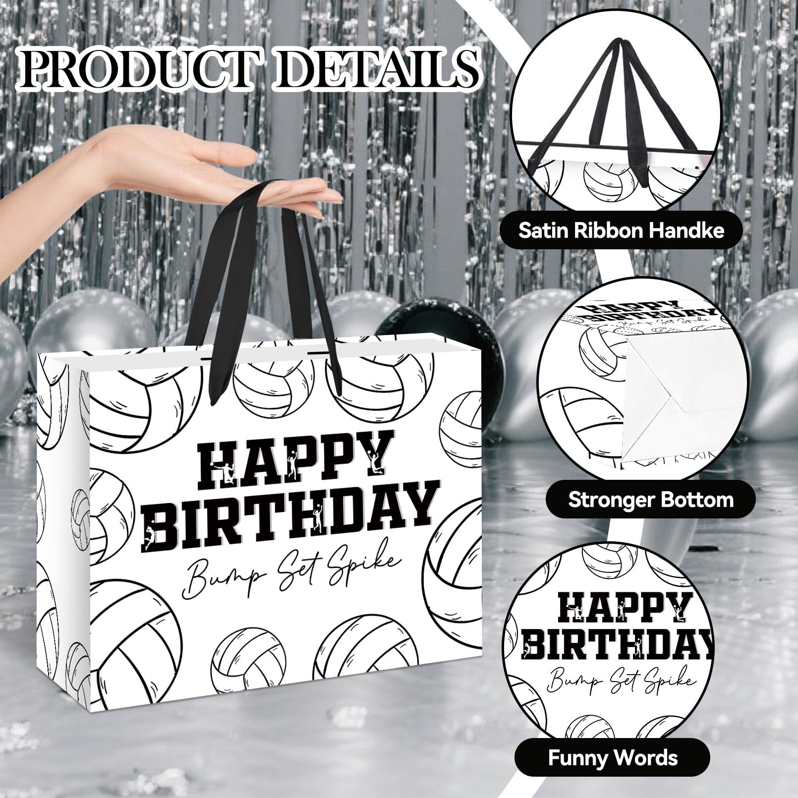 HSKMAKE Large Volleyball Birthday Gift Bag, Black White Volleyball Theme Gift Bag, with Card and Tissue Paper, Sports Party Gift Bags, for Boys, Girls, Fans, Birthday Party Favor Decorations Supplies