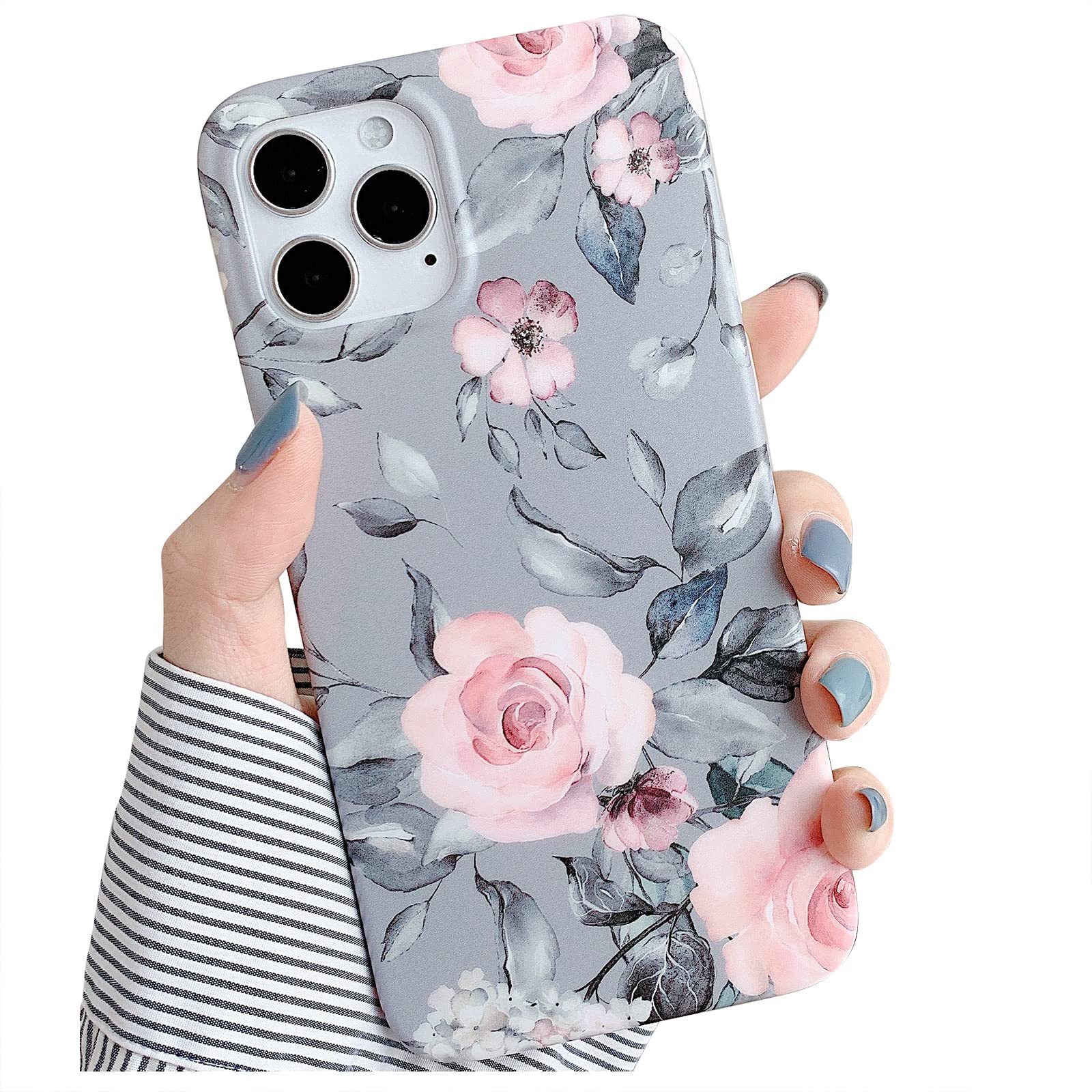YeLoveHawDesigned for iPhone 13 Pro Max Case for Women Girls, Soft Slim Full-around Protective Cute Case, Floral & Purple Gray Leaves Pattern, Compatible with iPhone 13ProMax 2021 6.7''(Pink Flowers)