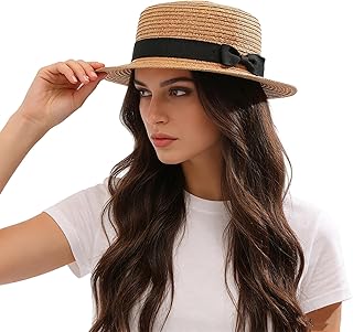 Flat Top Hat Boater Cap for Women Beach Straw Sun Protection Bucket Hat Fine Braid Foldable