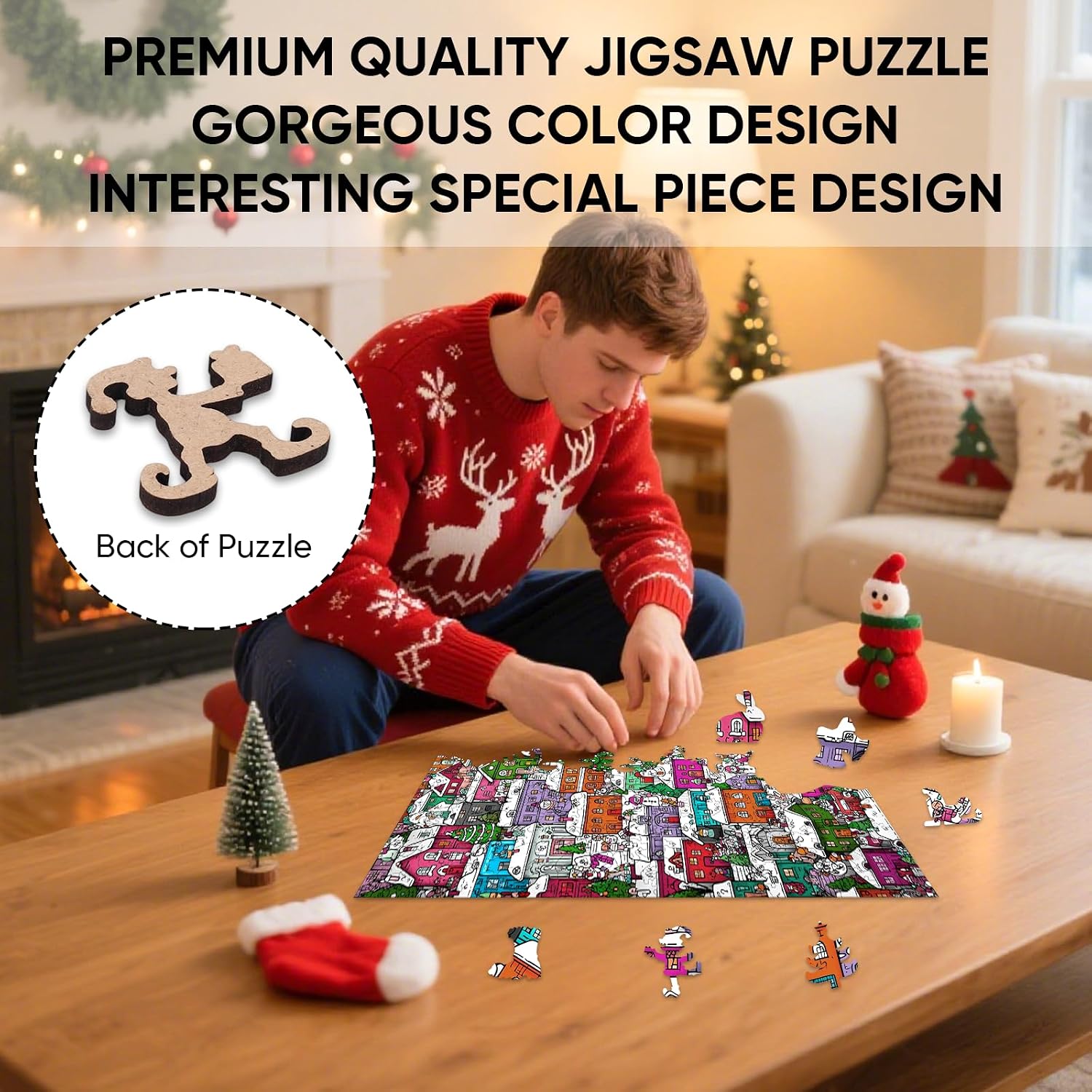 Ixfyloop Christmas Village Puzzles for Adults, Winter Building Wooden Jigsaw Puzzles 200 Pieces, Snowman House Unique Shaped, Challenging Puzzle Perfect for Family Games Lovers 8.9x11.8 Inch