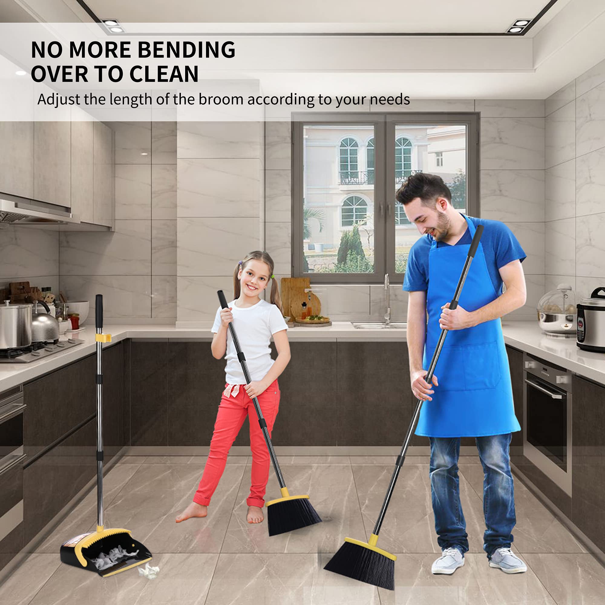 Broom with Dustpan Combo Set Broom and Dustpan Set Dust Pan with Stainless Steel Long Handle, Brooms with 5-Layer Soft Bristles, New Home Apartment Household Essentials 4