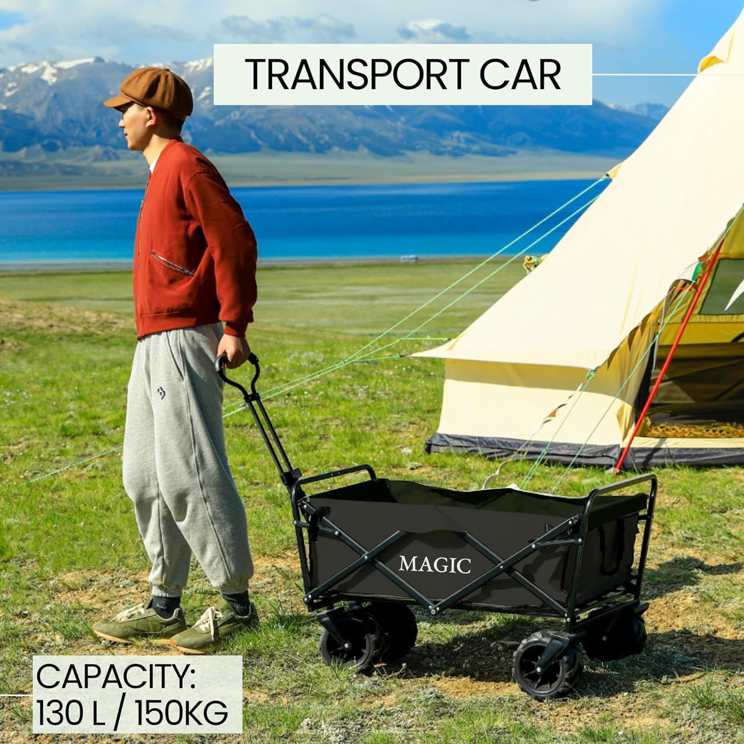 Carrello Pieghevole da Spiaggia per Campeggio, Picnic e Giardino - Trasformabile in Tavolo con Borsa e Maniglia Regolabile - Freni Inclusi