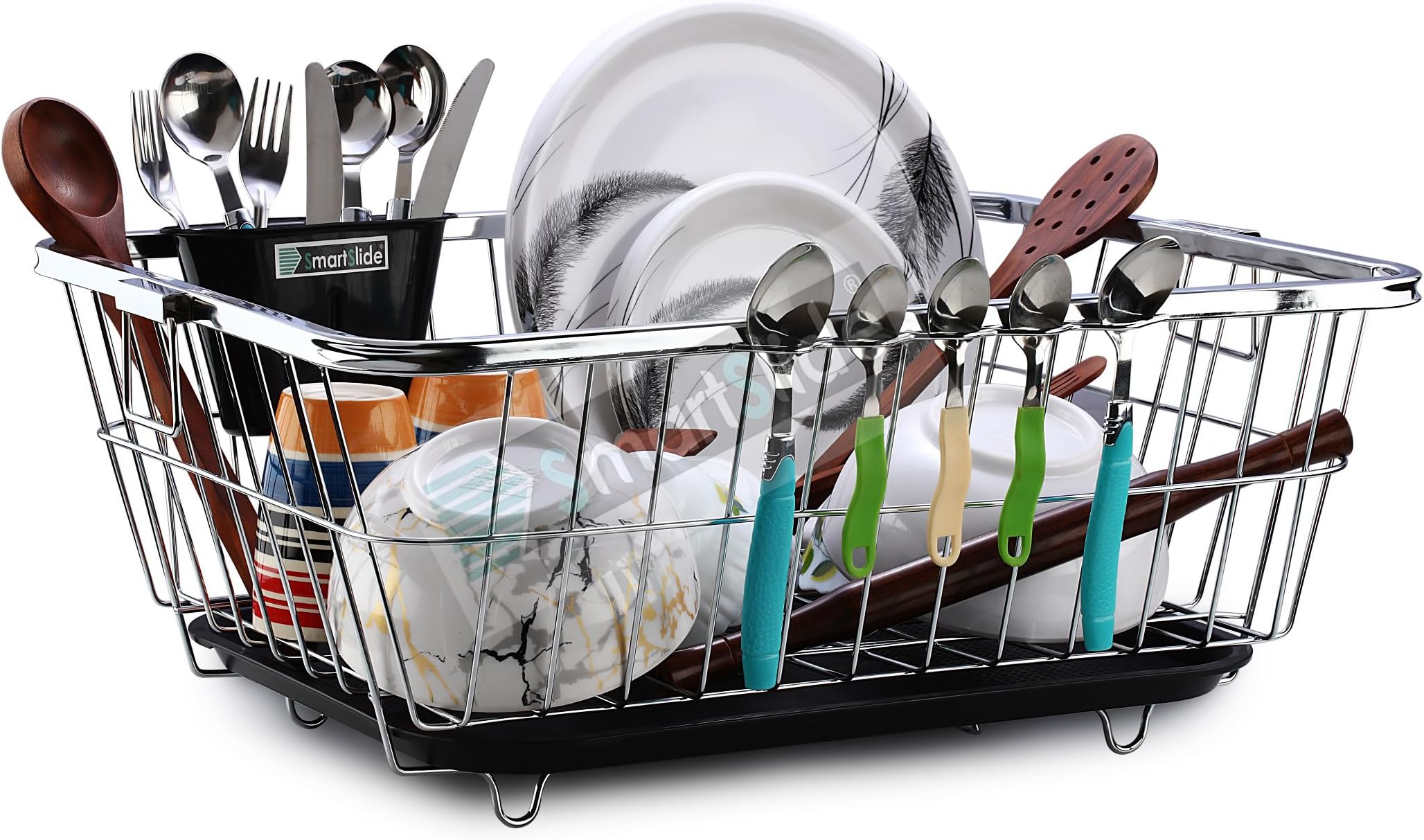 SmartSlide Stainless Steel Dish Drainer Kitchen Rack with Drainer Tray Kitchen Utensils Drying Basket Dish Rack for Kitchen (22 x 17 inch)