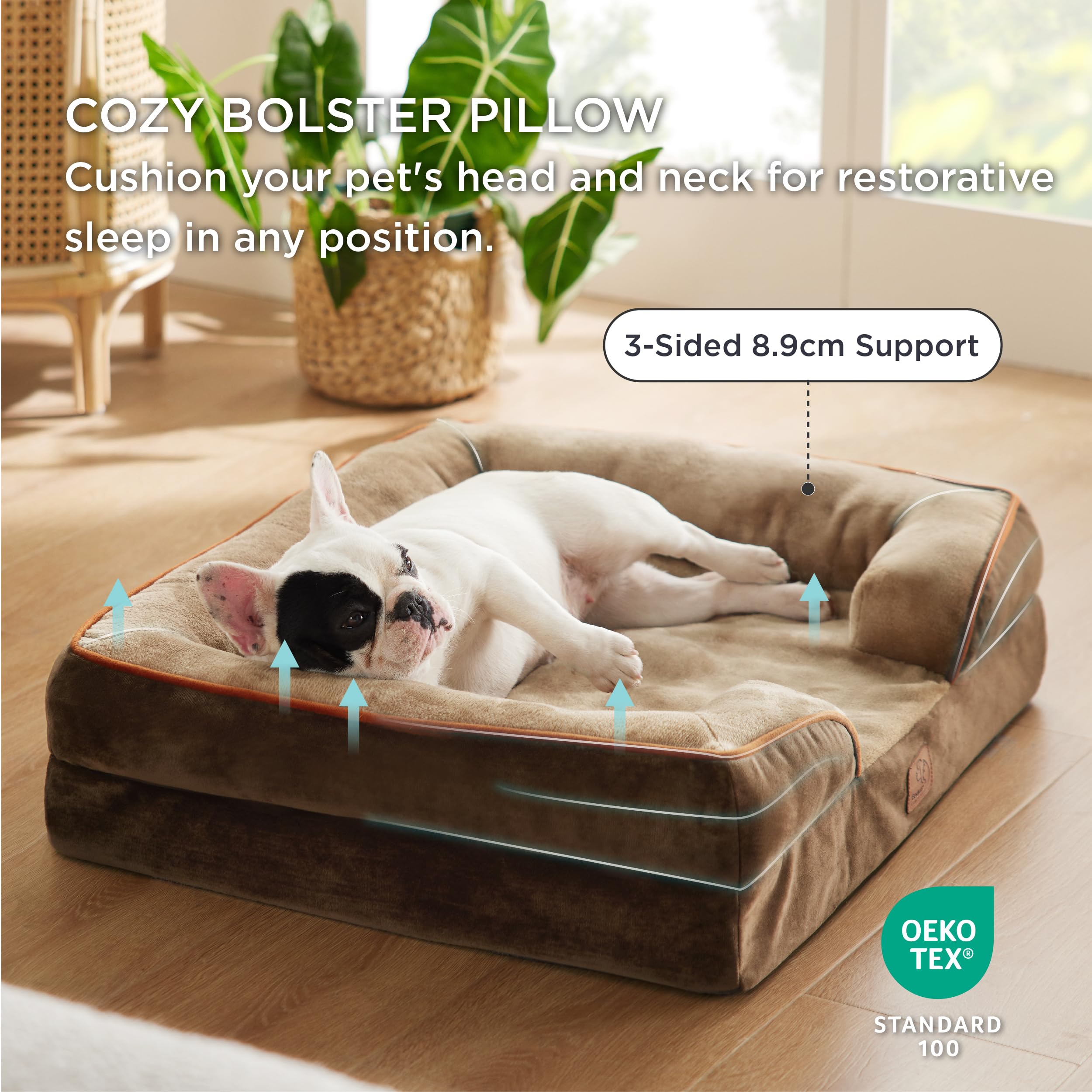 Bedsure Letto per Cani Grande 71x58x16.5cm - Divano per Cani Taglia Grande in Uovo Foam, Colore Marrone, Cuscino per Cani Sfoderabile e Lavabile