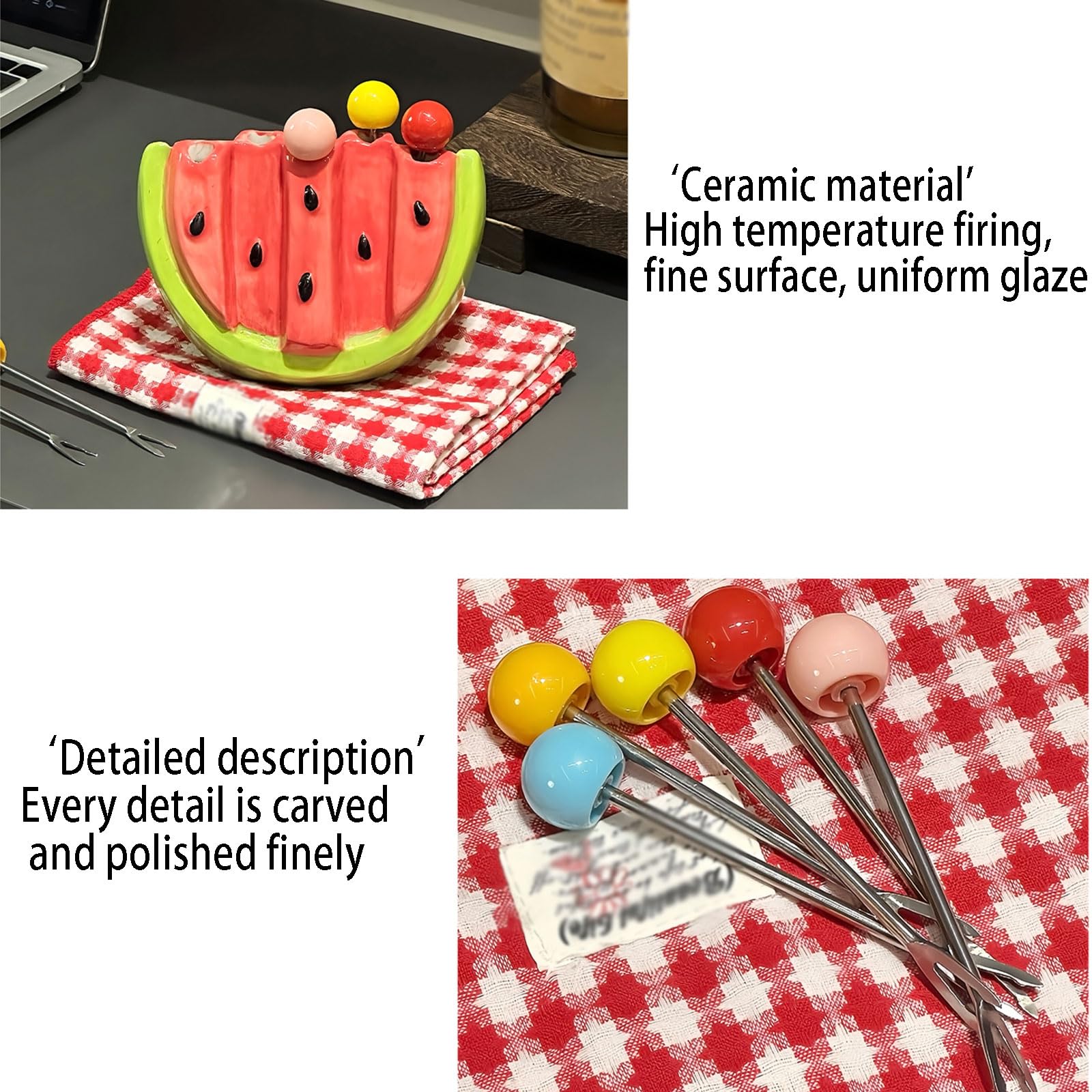Fourchettes à Dessert, Fourchette à Fruits en Acier Inoxydable avec Boîte de Rangement Céramique en Forme de Pastèque & 5 Fourchettes réutilisables pour Cuisine, Fête